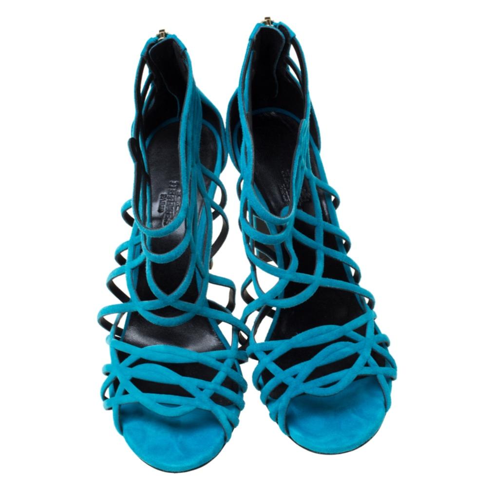 Hermes Blue Suede Strappy Peep Toe Sandals Size 38 In Fair Condition In Dubai, Al Qouz 2