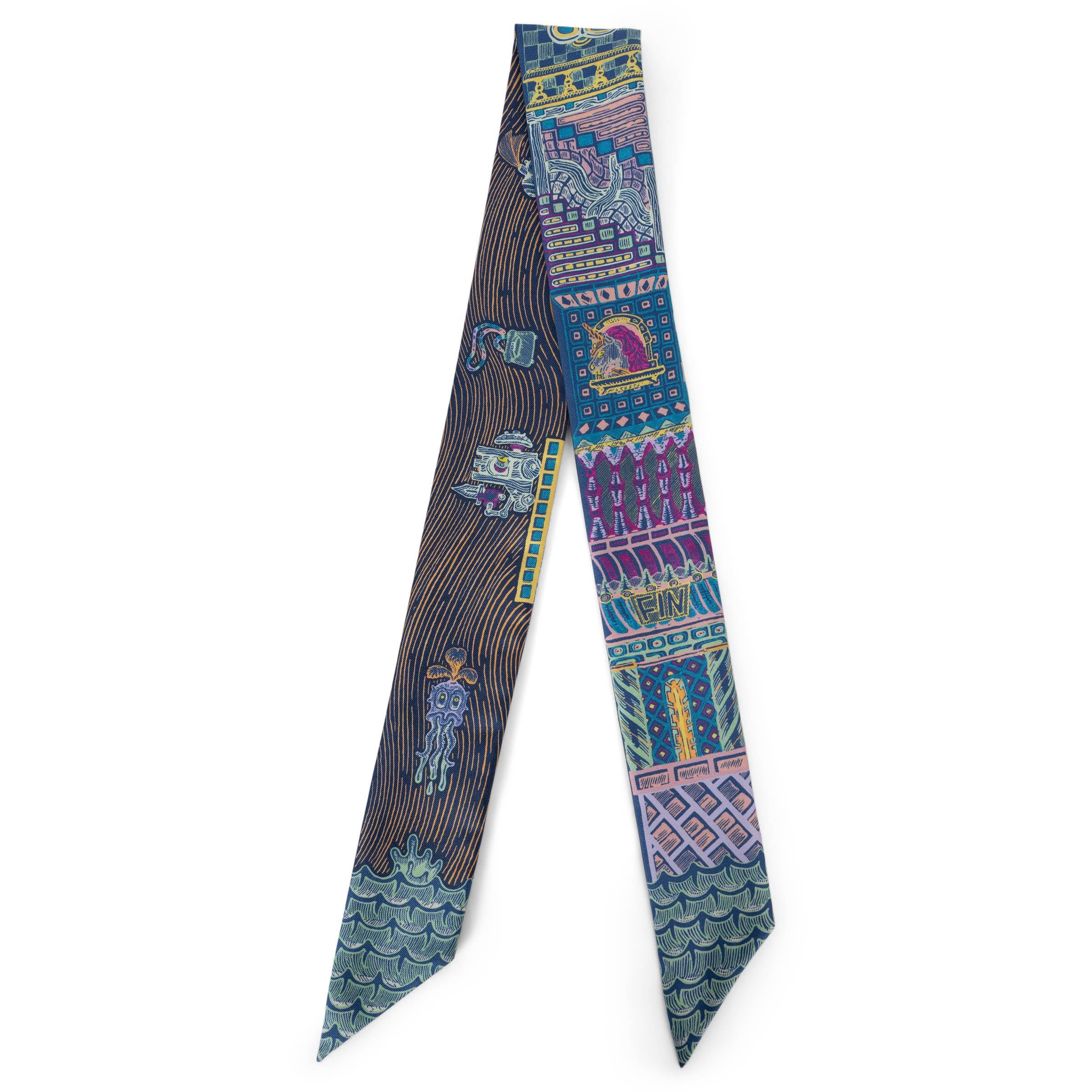 This 100% authentic Hermès Twilly Super Silk Quest Scarf is crafted from luxurious silk in a vibrant mix of Blue, Turquoise, Mint, Orange, Yellow, Pink, and Rose hues. The colorful design adds a playful and elegant touch to any look. A versatile