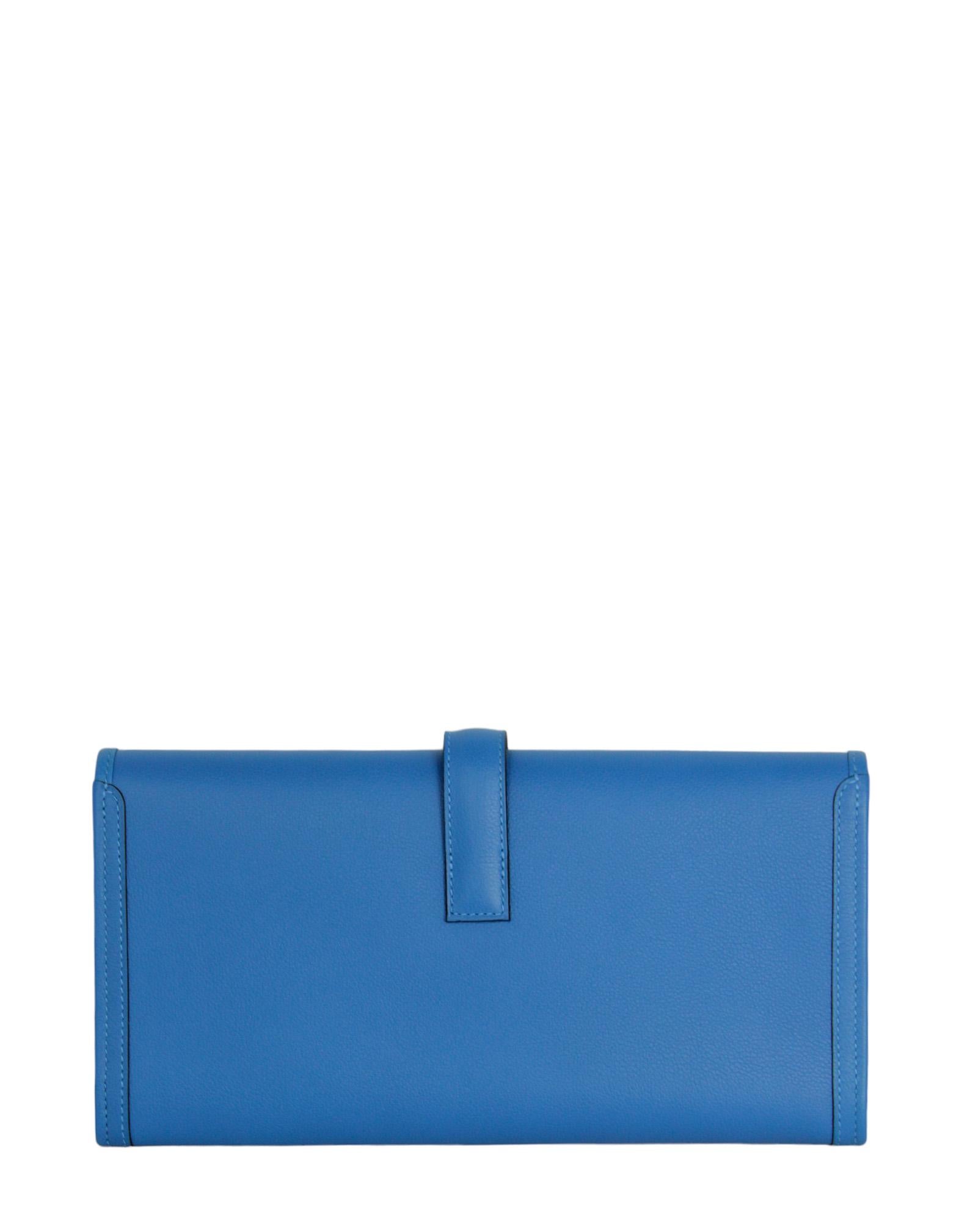 Hermes Blue Swift Leather H Jige Elan Clutch Bag In Excellent Condition For Sale In New York, NY