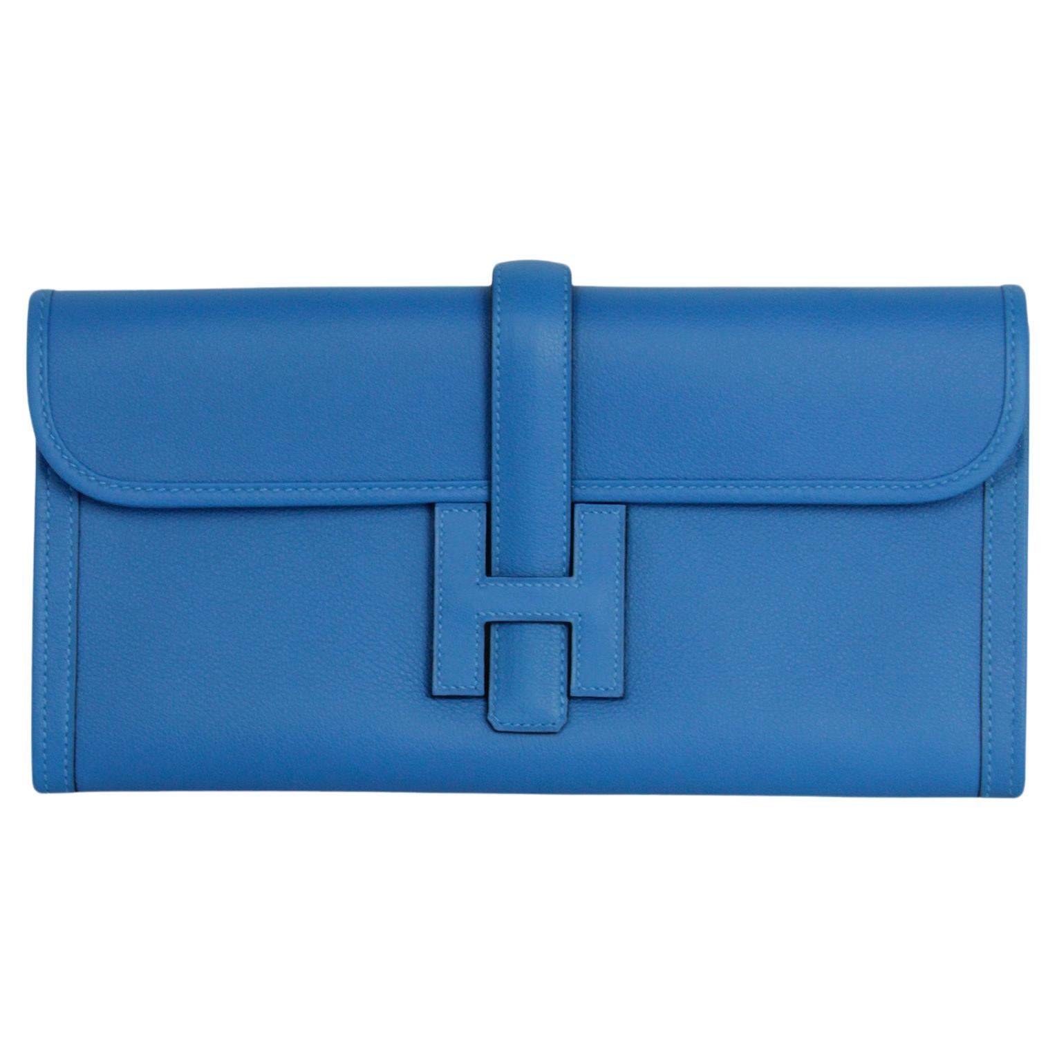 Hermes Bleu Frida Blue Swift Leather H Jige Elan Clutch Bag