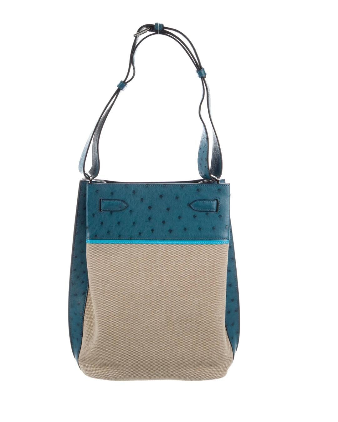 Beige Hermes Blue Tan Canvas Exotic Leather Kelly Travel Single Shoulder Carryall Bag