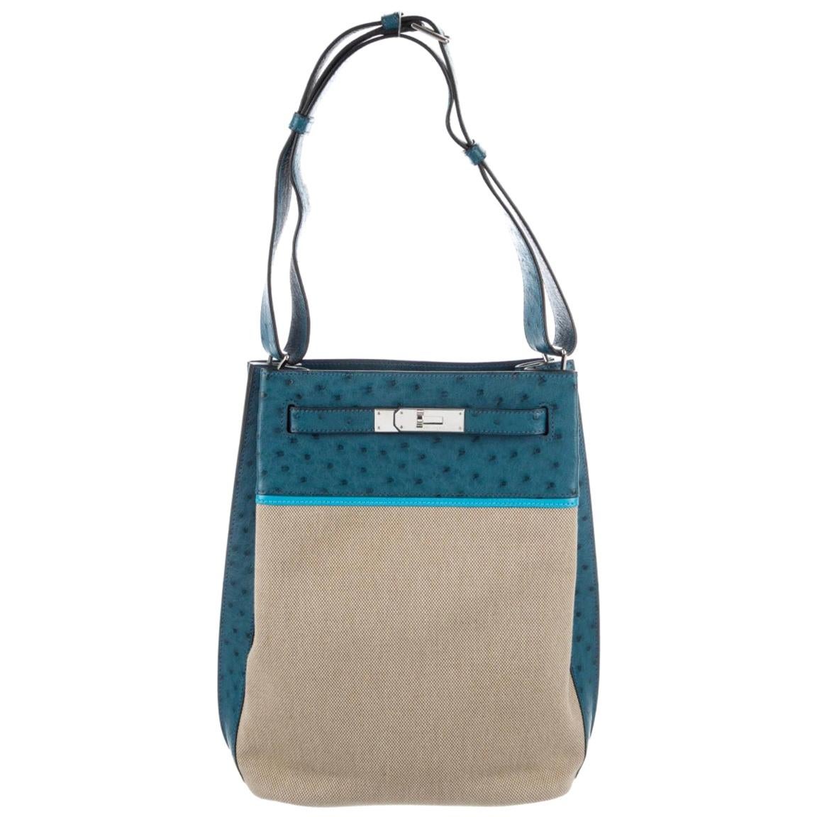 Hermes Blue Tan Canvas Exotic Leather Kelly Travel Single Shoulder Carryall Bag