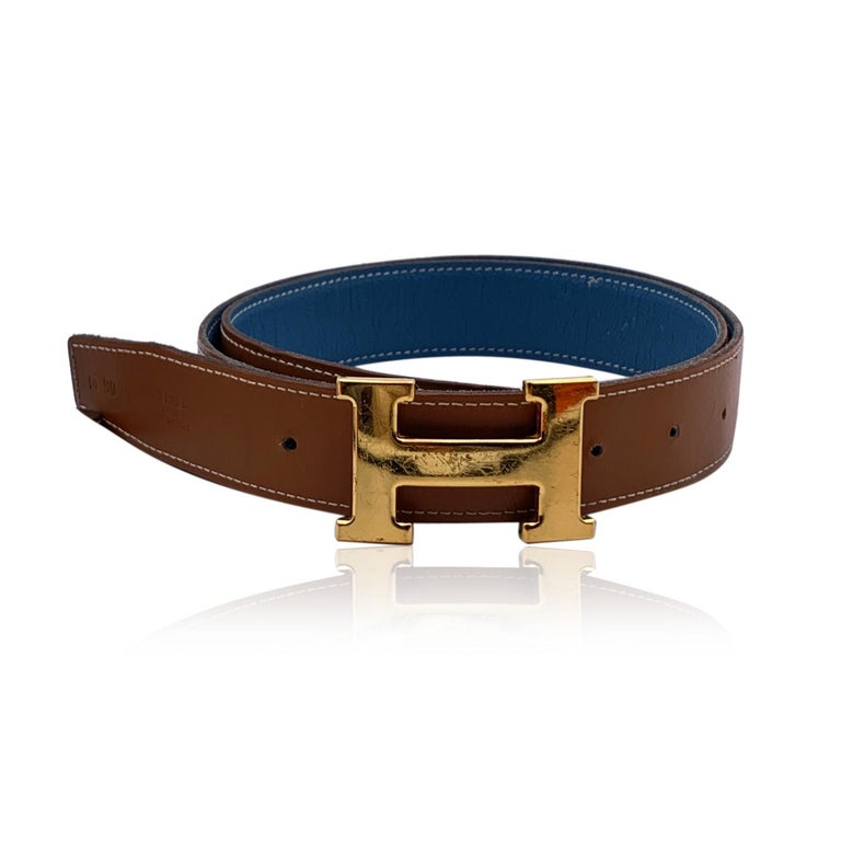 Hermes Blue Tan Leather H Buckle Reversible Belt Size 90 For  display picture 3