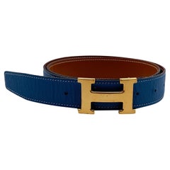 Hermes Blue Tan Leather H Buckle Reversible Belt Size 90