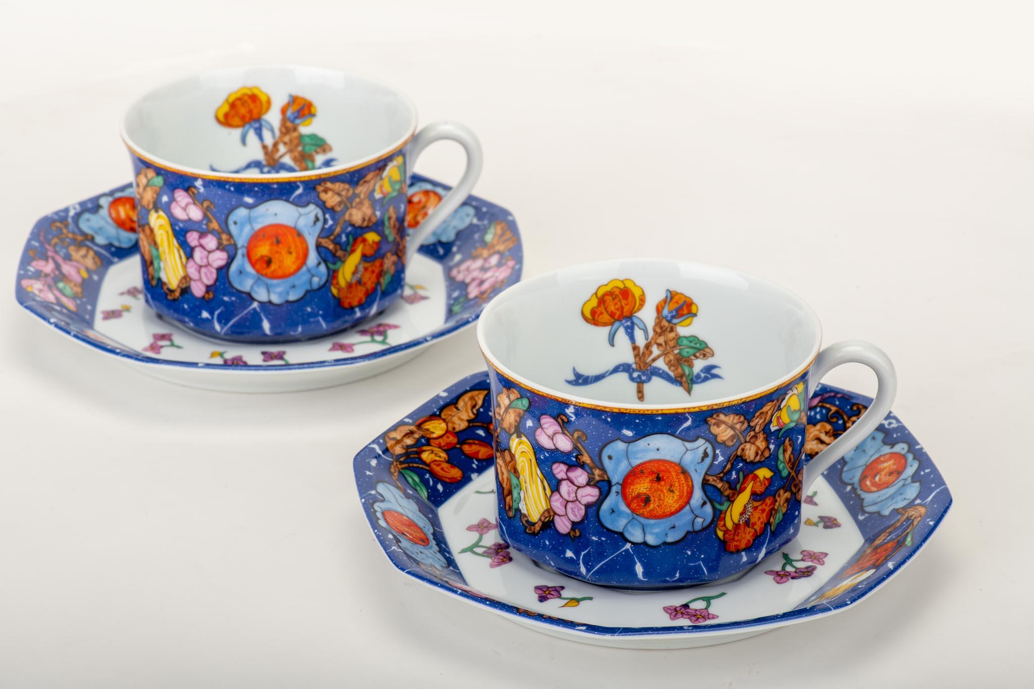 Gray Hermès Blue Teacups & Saucers, Set of 2