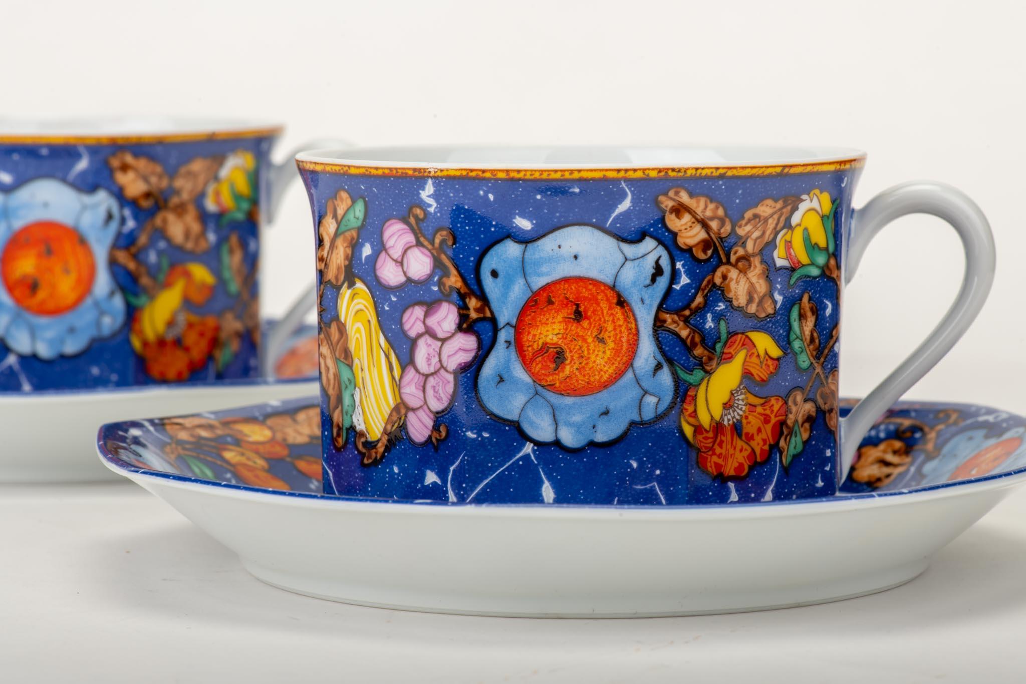 Hermès Blue Teacups & Saucers, Set of 2 In Excellent Condition In West Hollywood, CA