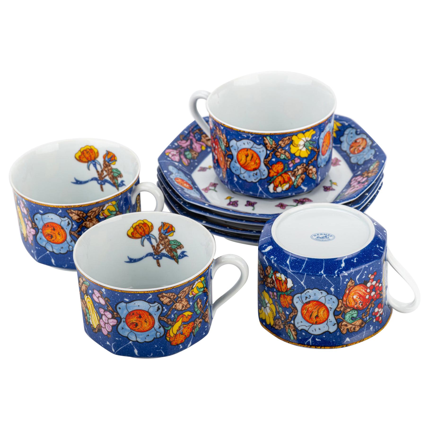 Hermès Blue Teacups & Saucers, Set of 4