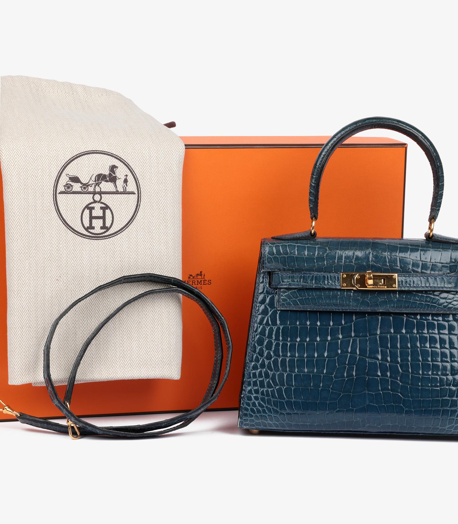 Hermès Blue Tempete Shiny Porosus Crocodile Leather Vintage Kelly 20cm Sellier For Sale 7