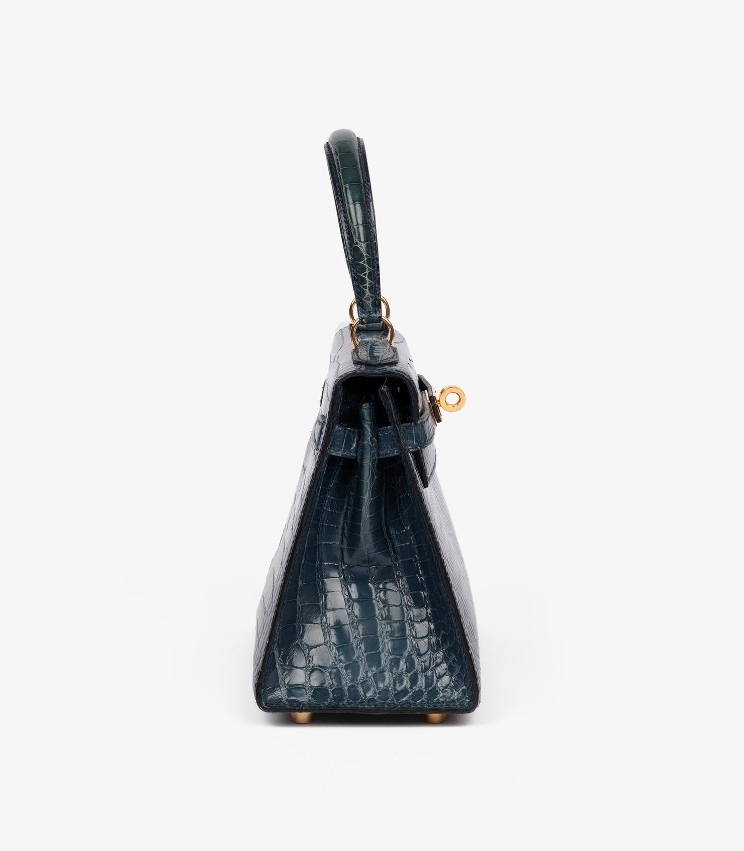 Hermès Bleu Tempete Cuir de crocodile Porosus brillant Vintage Kelly 20cm Sellier Excellent état - En vente à Bishop's Stortford, Hertfordshire
