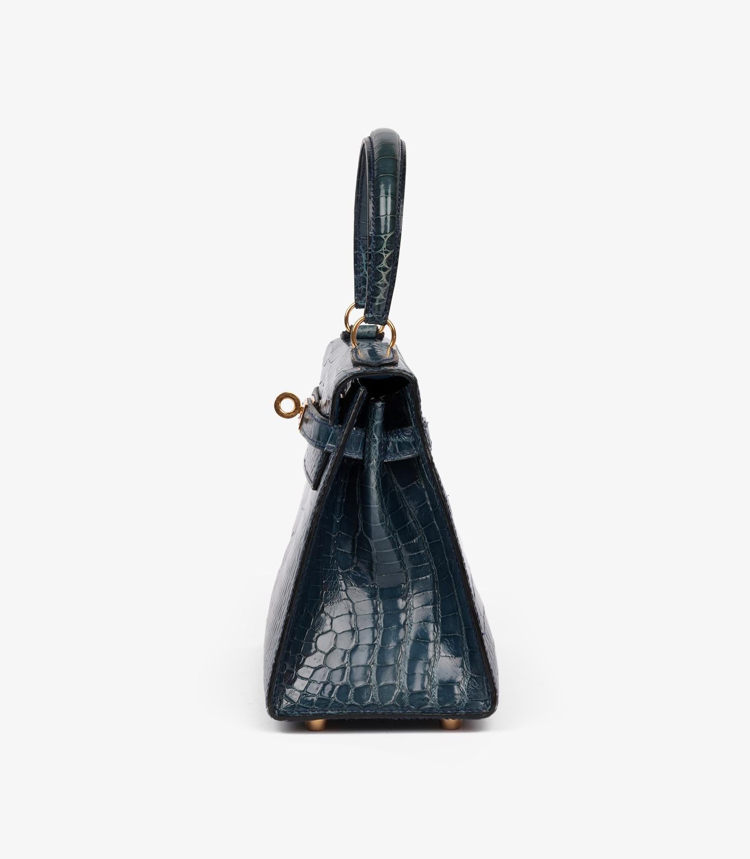 Hermès Bleu Tempete Cuir de crocodile Porosus brillant Vintage Kelly 20cm Sellier Unisexe en vente
