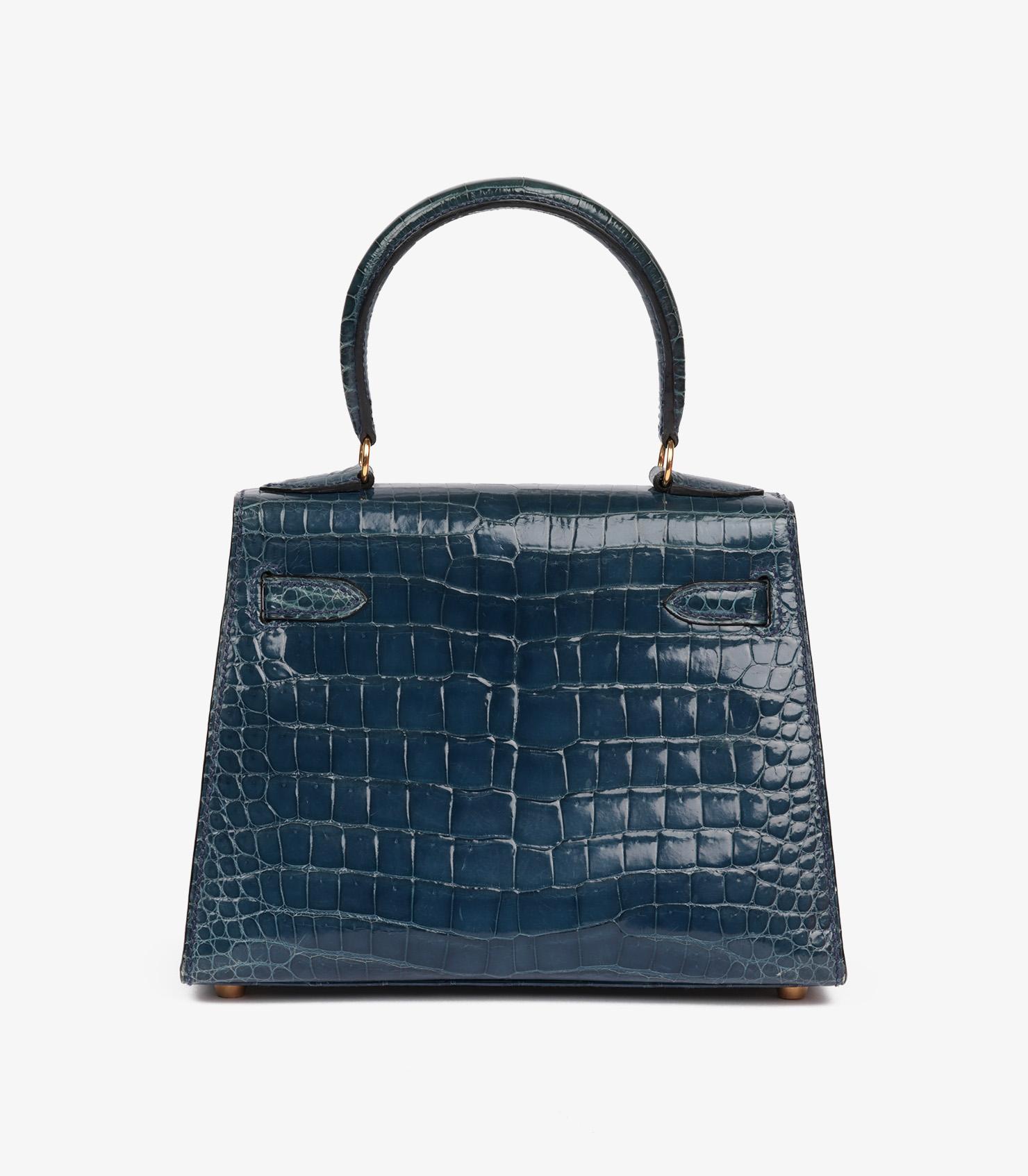 Hermès Blue Tempete Shiny Porosus Crocodile Leather Vintage Kelly 20cm Sellier For Sale 2