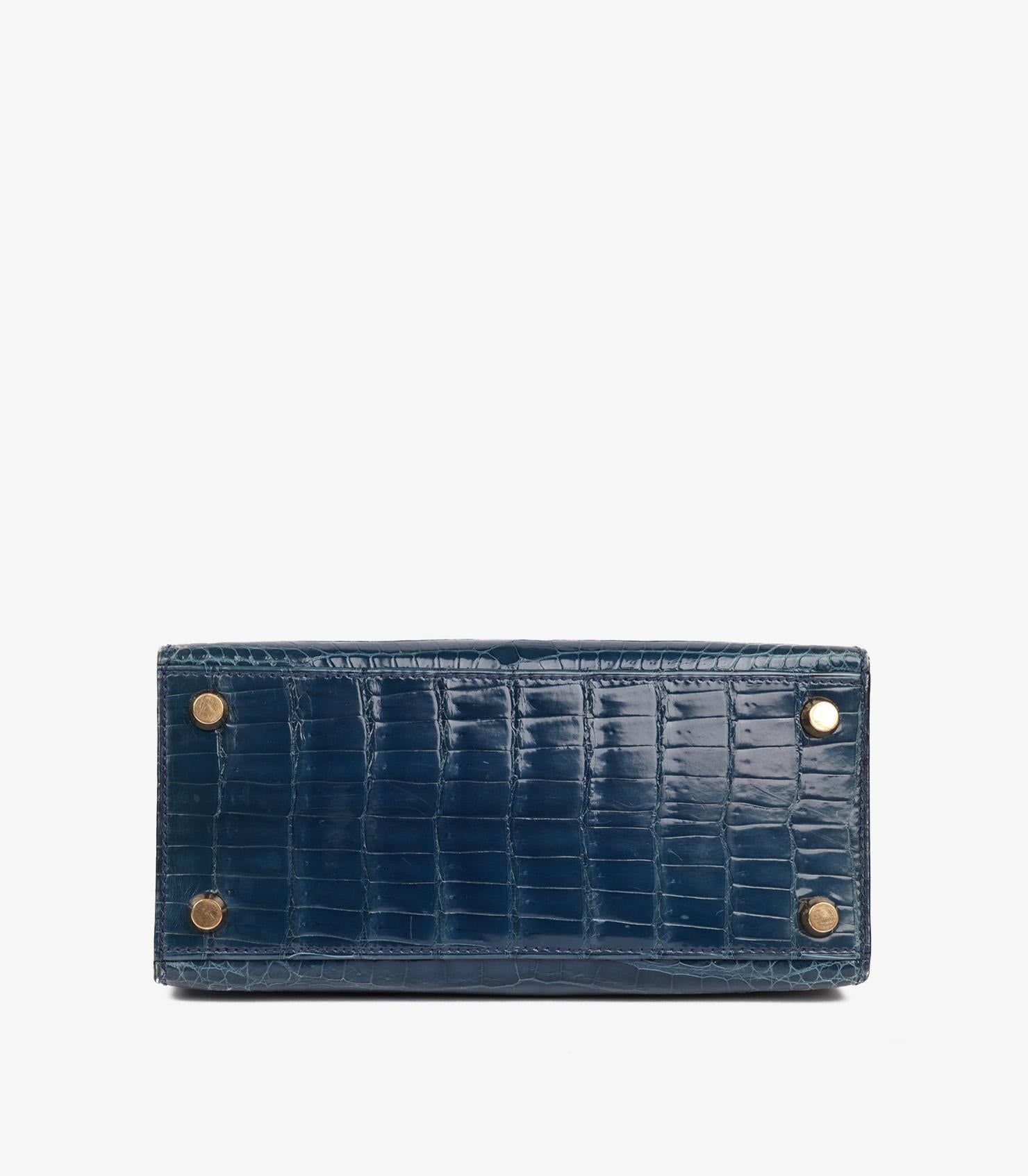 Hermès Blue Tempete Shiny Porosus Crocodile Leather Vintage Kelly 20cm Sellier For Sale 3