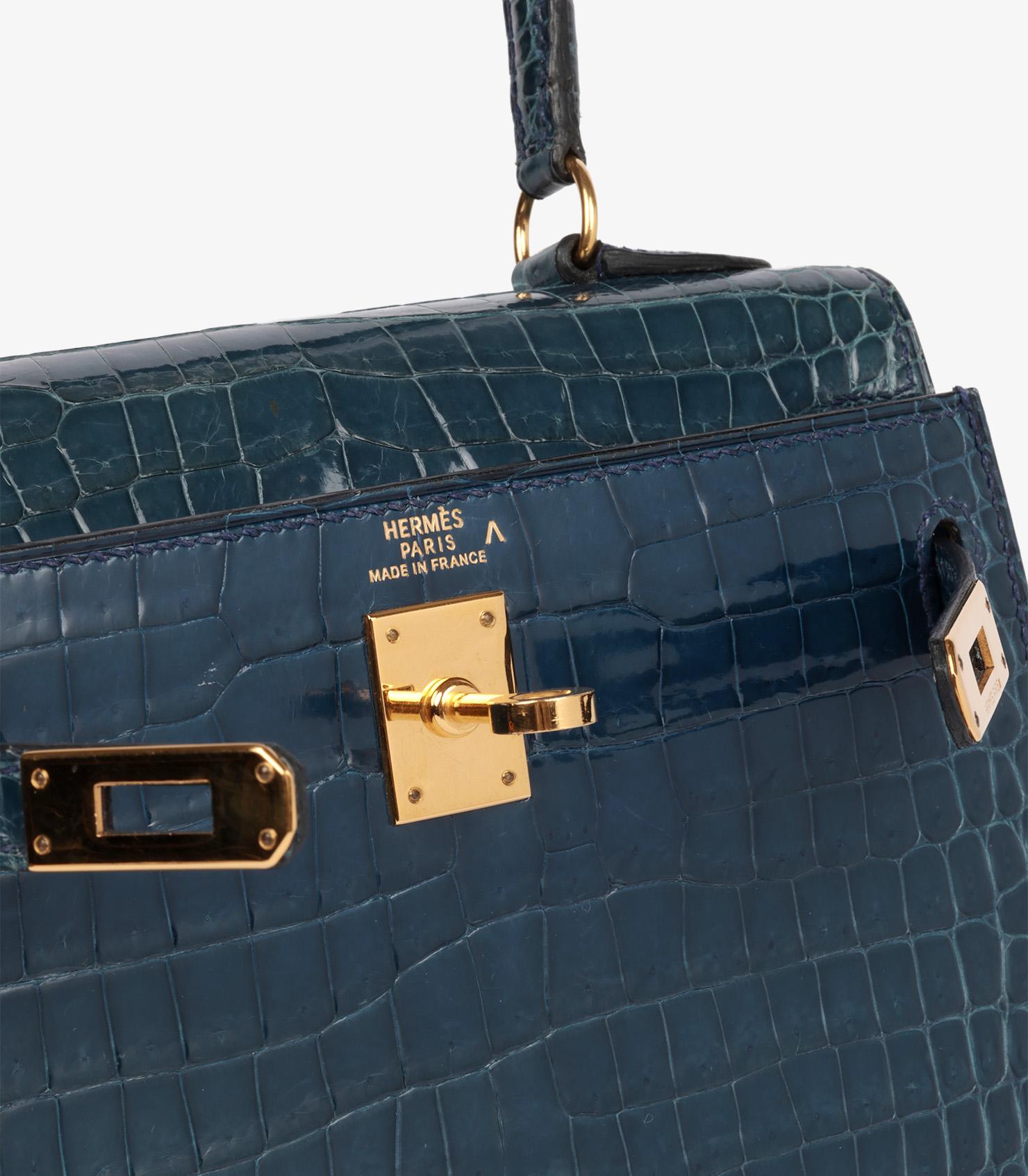 Hermès Bleu Tempete Cuir de crocodile Porosus brillant Vintage Kelly 20cm Sellier en vente 3