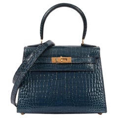 Hermès Blue Tempete Shiny Porosus Crocodile Leather Used Kelly 20cm Sellier