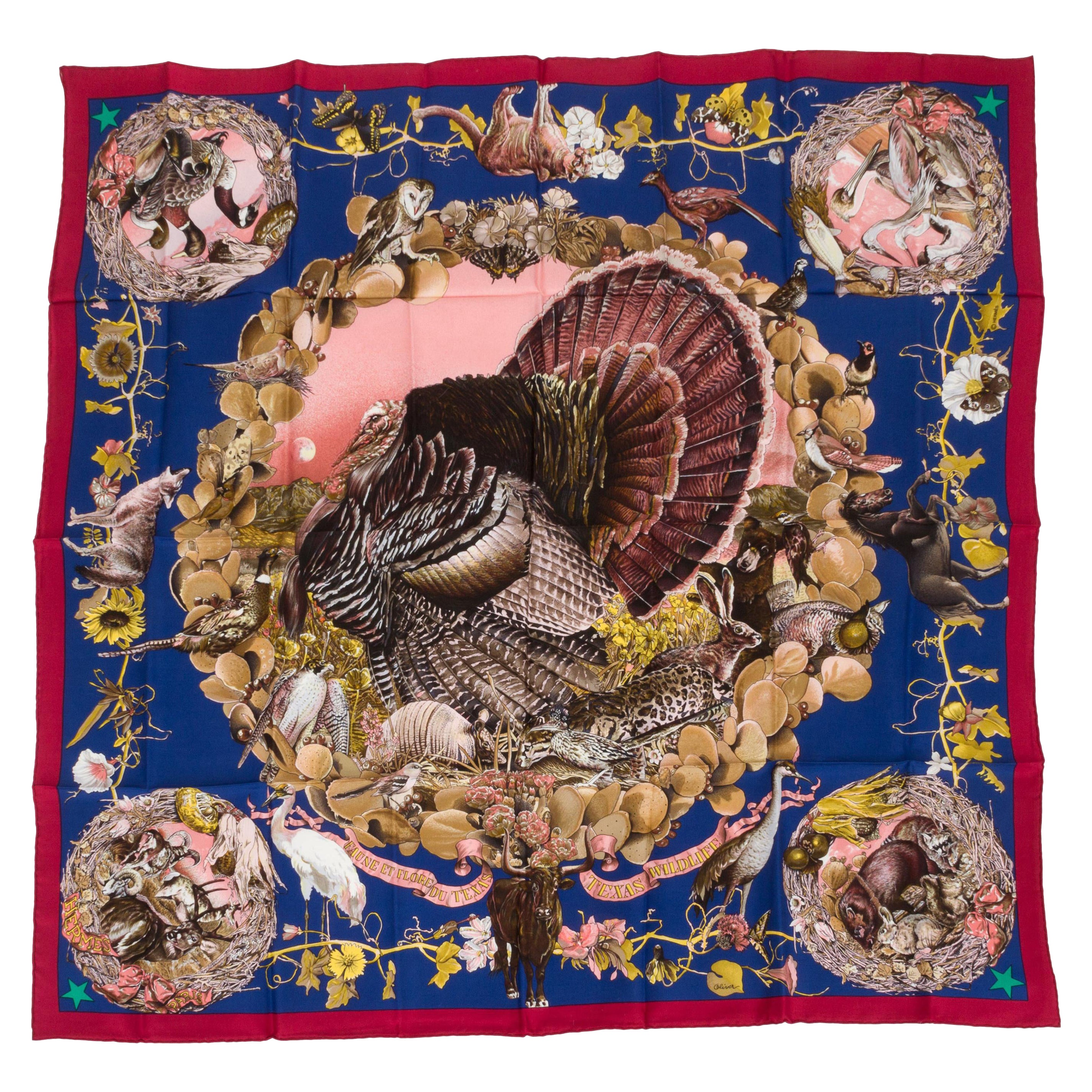 Foulard en soie bleu Texas Wildlife d'Hermès