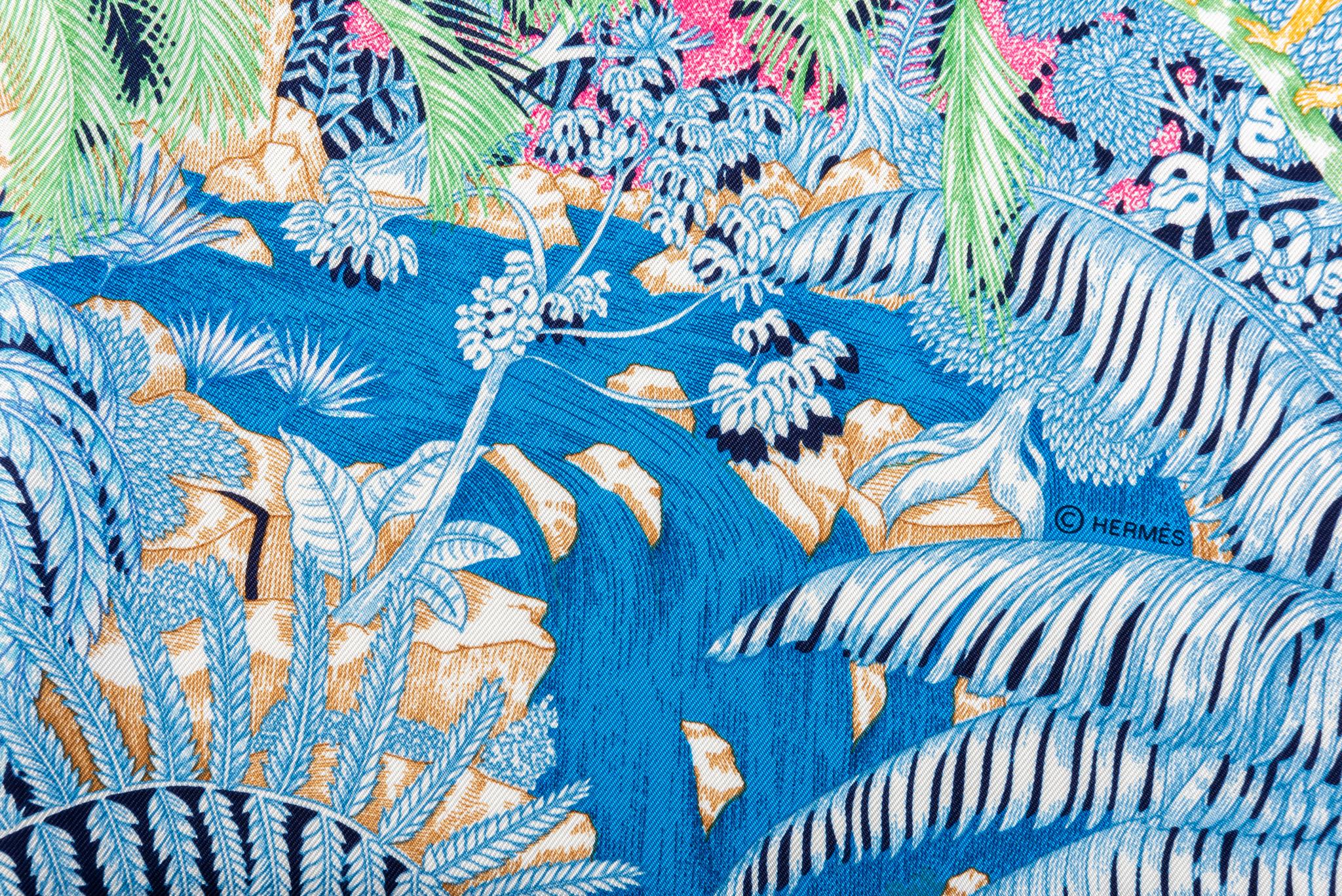Women's Hermès Blue Tropical Garden Silk Scarf For Sale