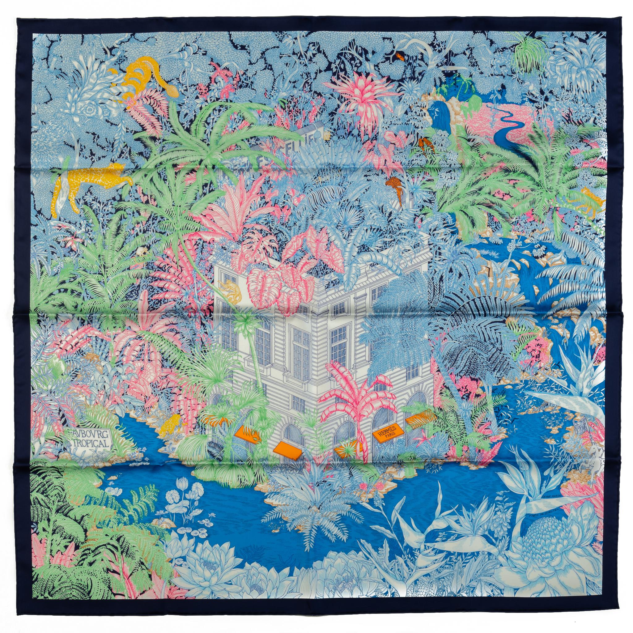 Hermès Blue Tropical Garden Silk Scarf For Sale 1