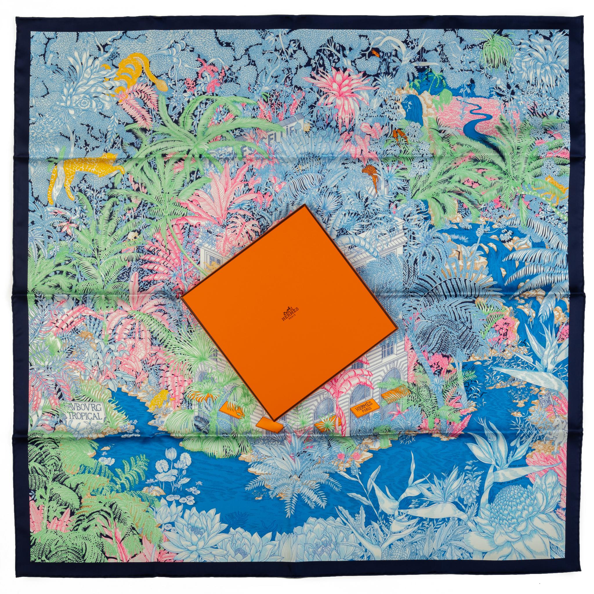 Hermès Blue Tropical Garden Silk Scarf For Sale 2