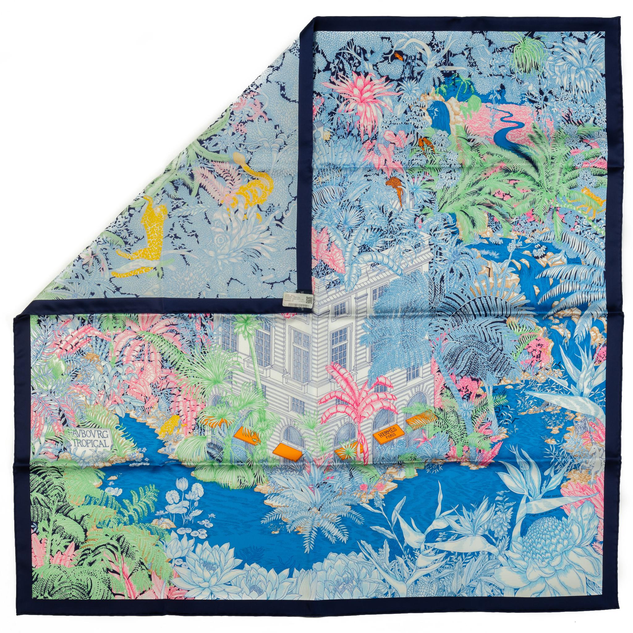Hermès Blue Tropical Garden Silk Scarf For Sale 3