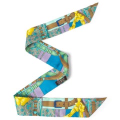HERMES blue turquoise silk GRAND MANEGE FLEURI Twilly Scarf Cobalt Turquoise Jau