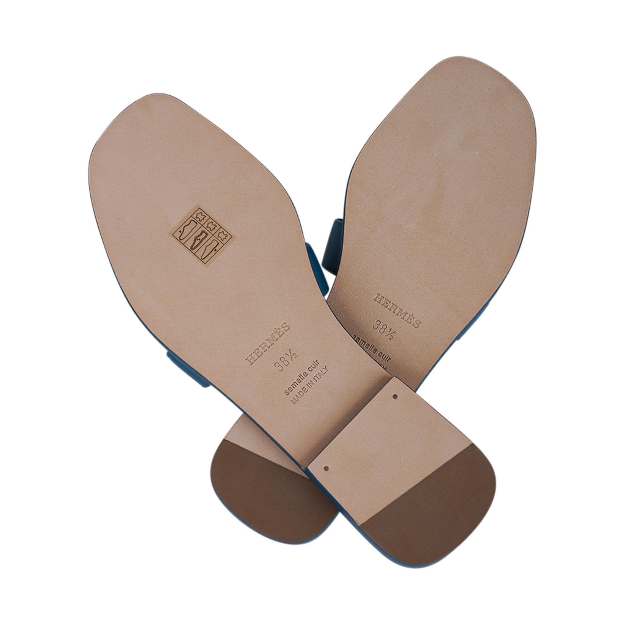 Women's Hermes Blue Velvet Oran Sandal Box Calfskin Leather Flat Shoes 38.5 / 8.5 New w/ For Sale