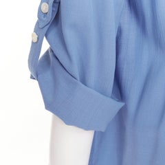HERMES blue virgin wool band collar rolled tab sleeves tunic shirt dress FR36 S