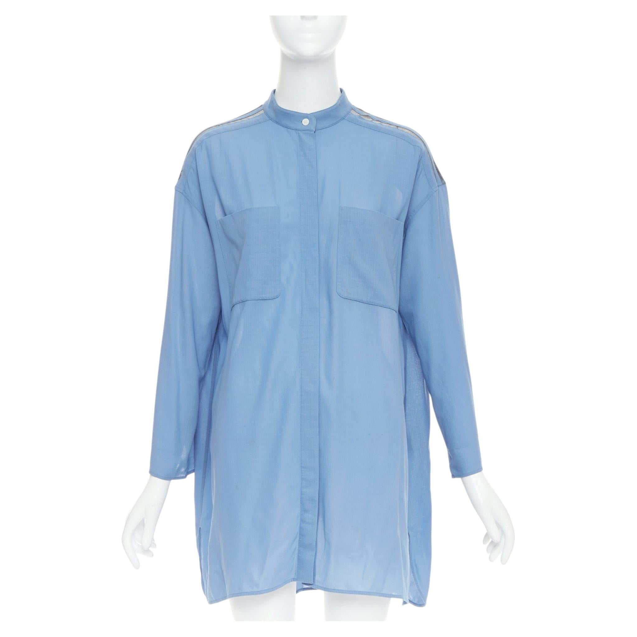 HERMES blue virgin wool band collar rolled tab sleeves tunic shirt dress FR36 S