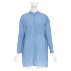 HERMES blue virgin wool band collar rolled tab sleeves tunic shirt dress FR36 S