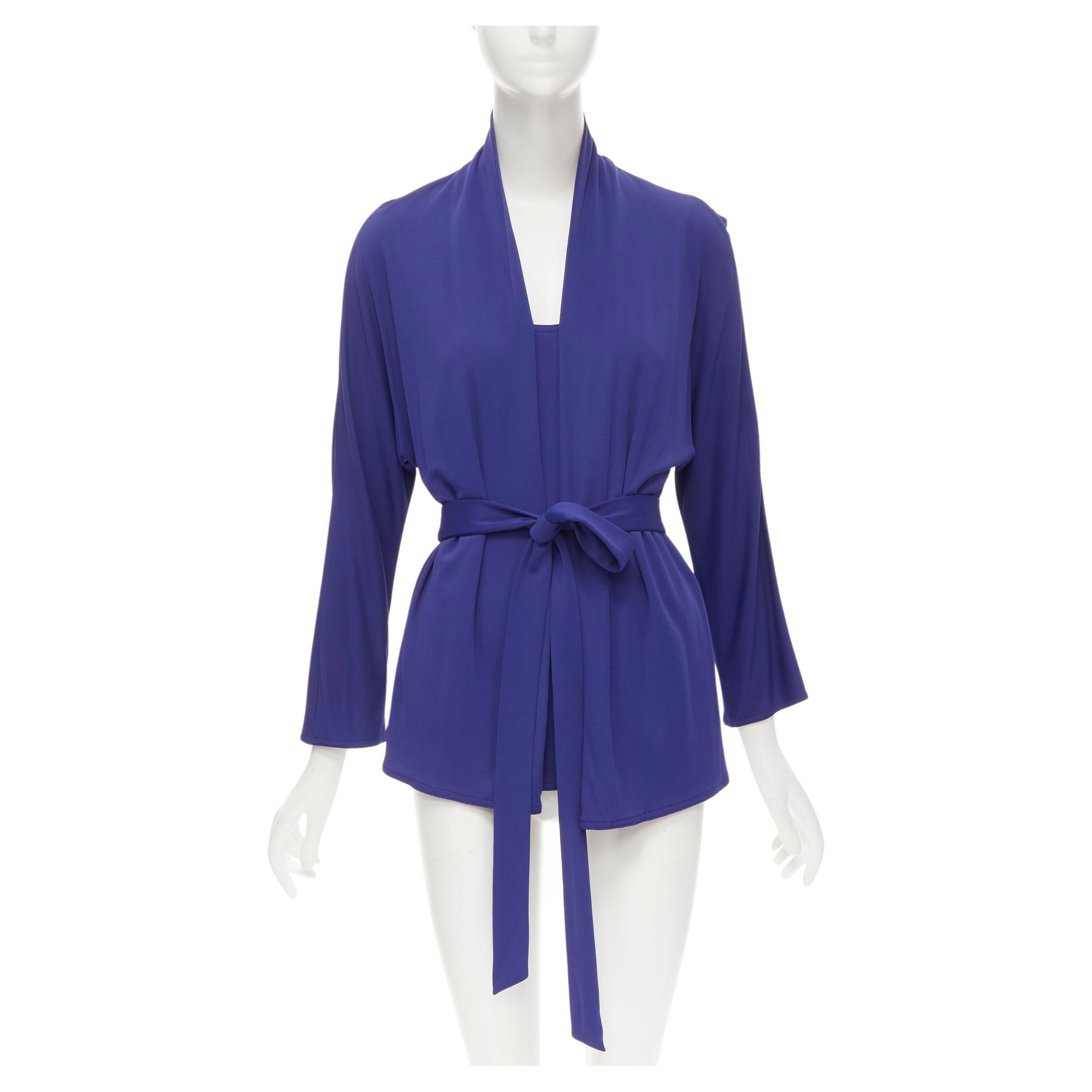 HERMES blue viscose scoop neck double layered belted cardigan top FR40 M For Sale