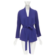HERMES top cardigan blu in viscosa con scollo a pallina e cintura a doppio strato FR40 M