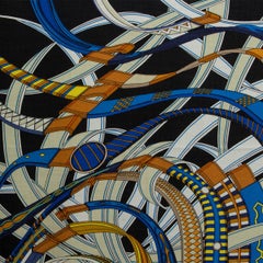 Hermes blue VOLTES ET PIROUETTES 140 Scarf silk cashmere Marine Gold Blanc