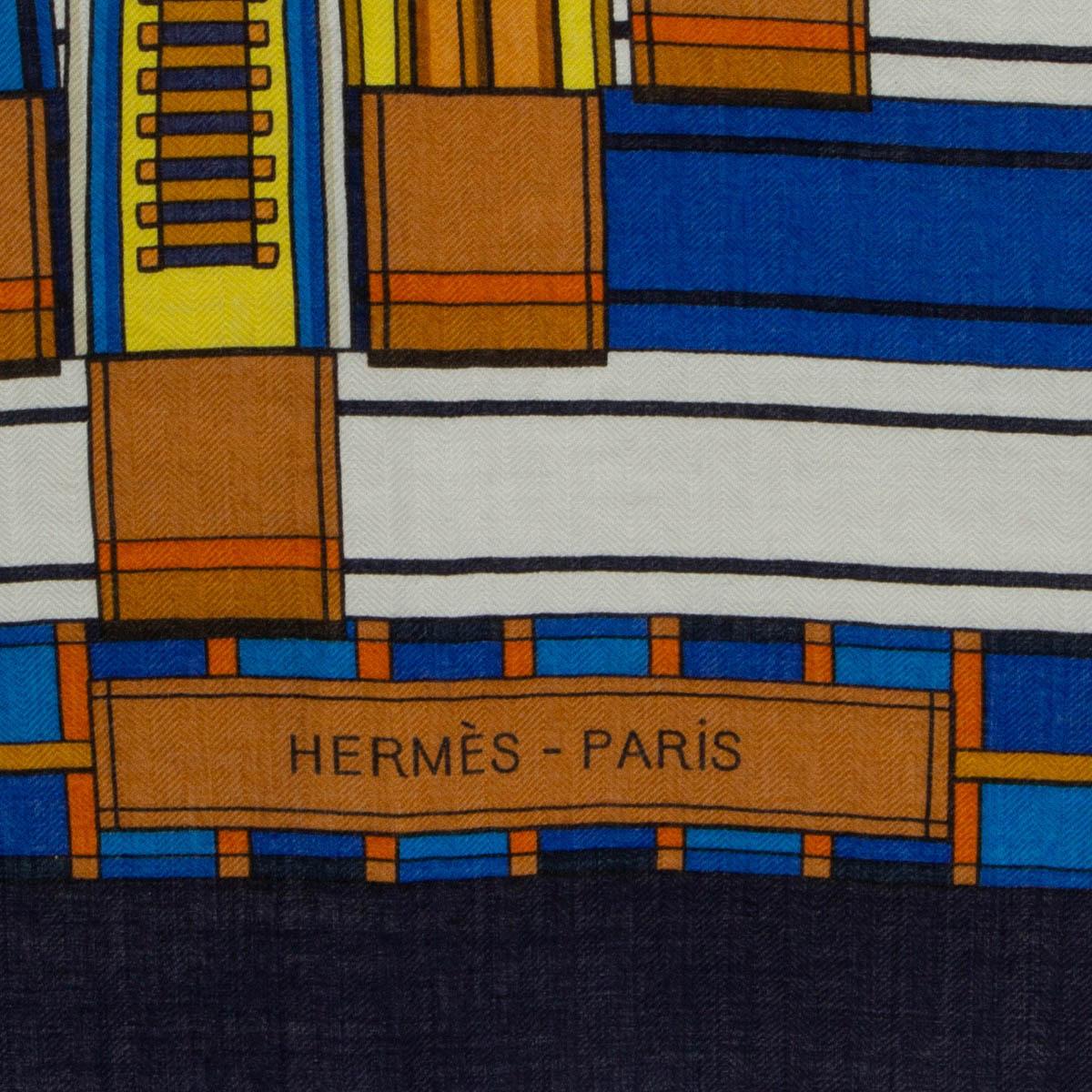 Black Hermes blue VOLTES ET PIROUETTES 140 Scarf silk cashmere Marine Gold Blanc