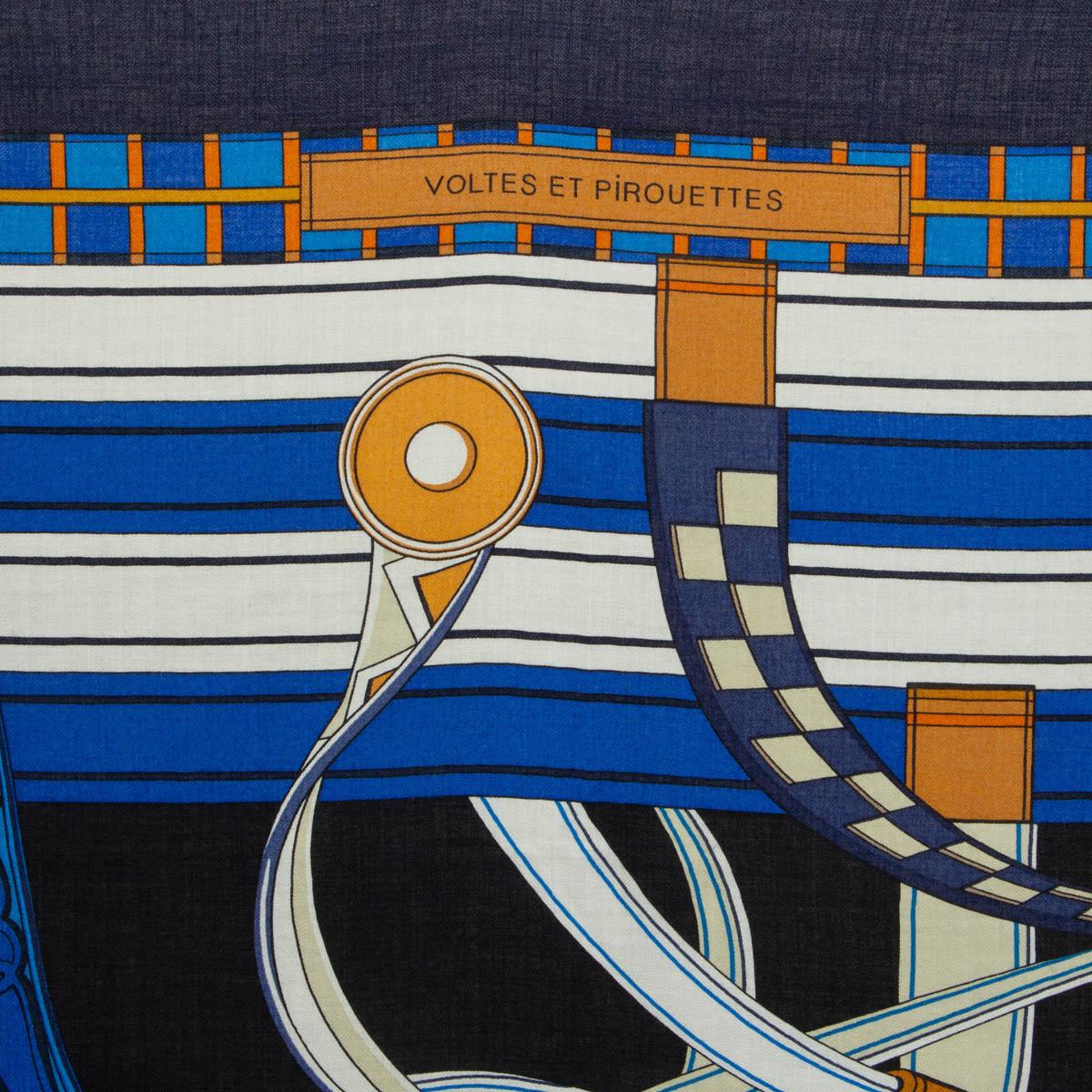 Women's or Men's Hermes blue VOLTES ET PIROUETTES 140 Scarf silk cashmere Marine Gold Blanc