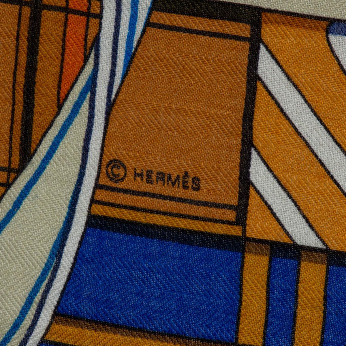 Hermes blue VOLTES ET PIROUETTES 140 Scarf silk cashmere Marine Gold Blanc 1