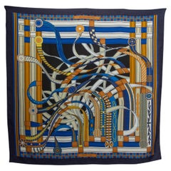 Hermes blue VOLTES ET PIROUETTES 140 Scarf silk cashmere Marine Gold Blanc