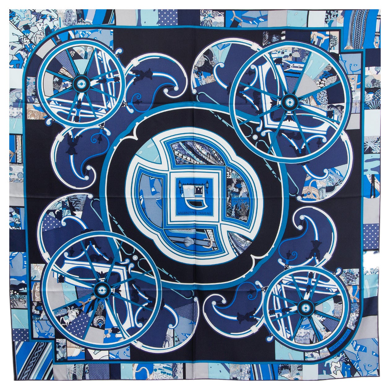 Hermes blau WASHINGTONS CARRIAGE QUILT 140 Seidenköper Federschal Halstuch