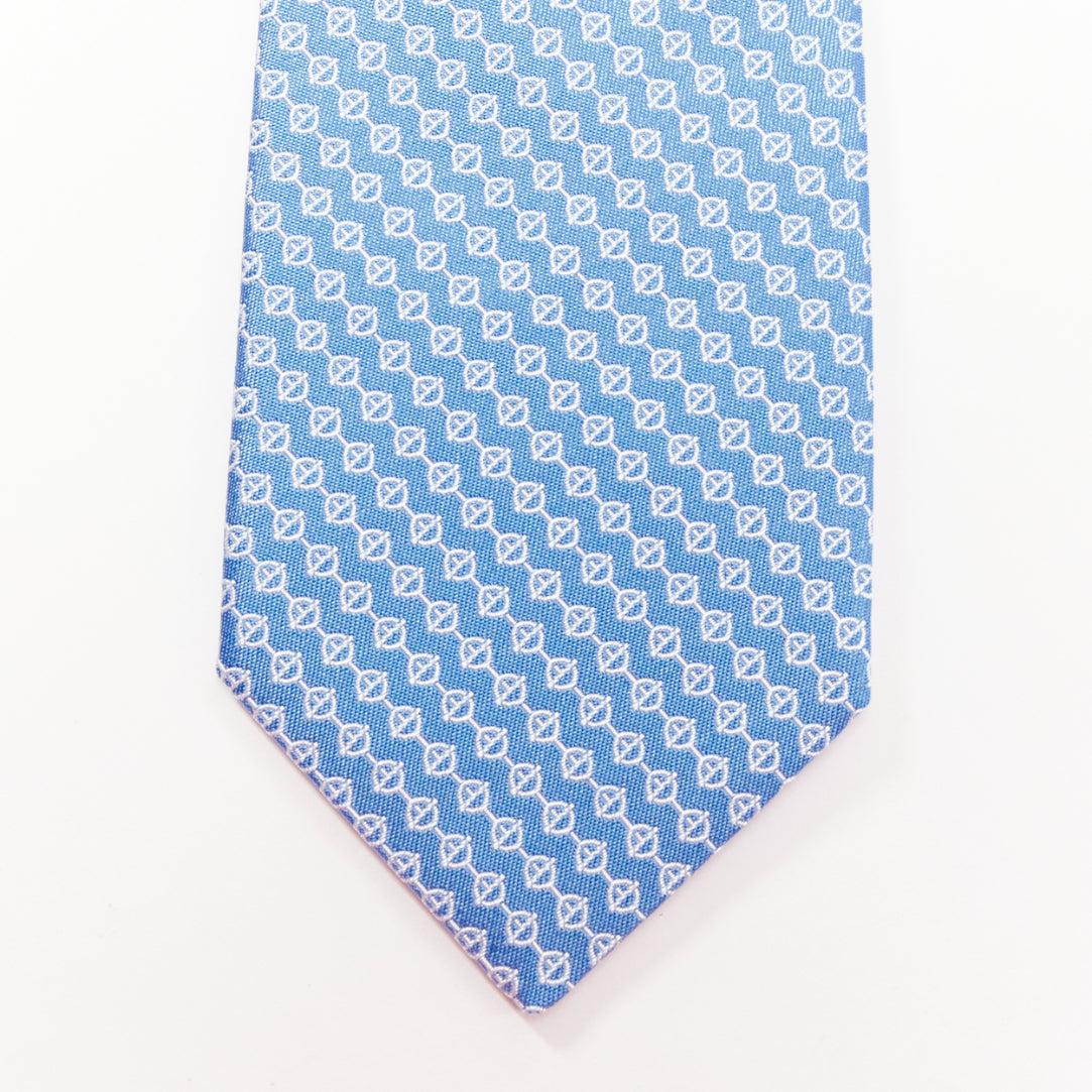 Blue HERMES blue white 100% silk chain link monogram classic formal tie