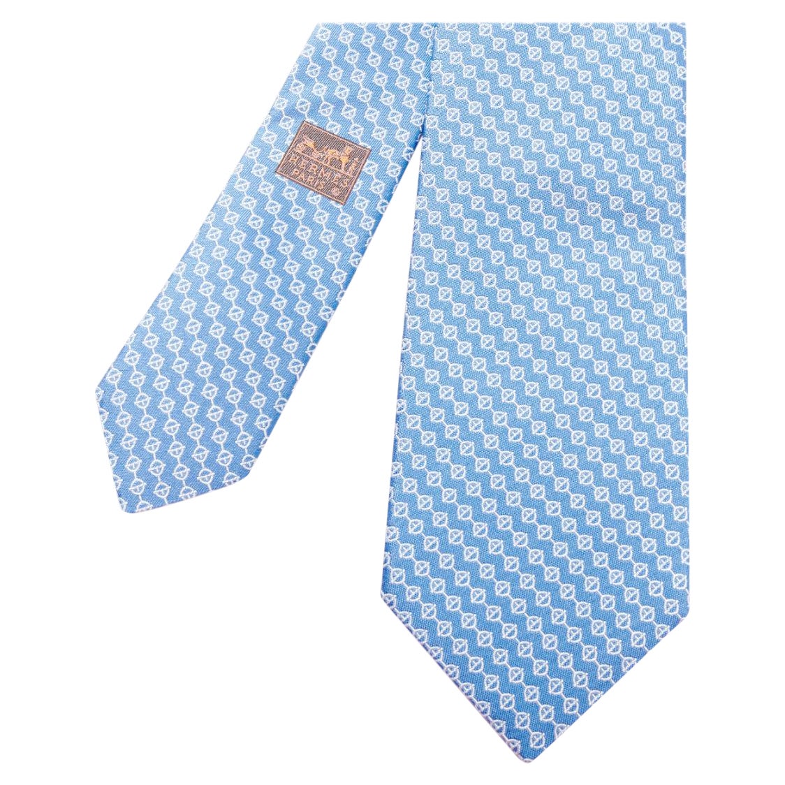 HERMES blue white 100% silk chain link monogram classic formal tie