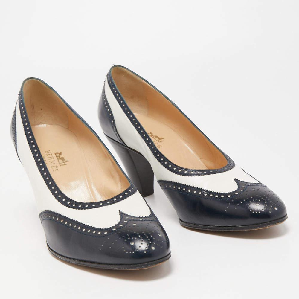 Black Hermes Blue/White Brogue Leather Round Toe Pumps Size 40