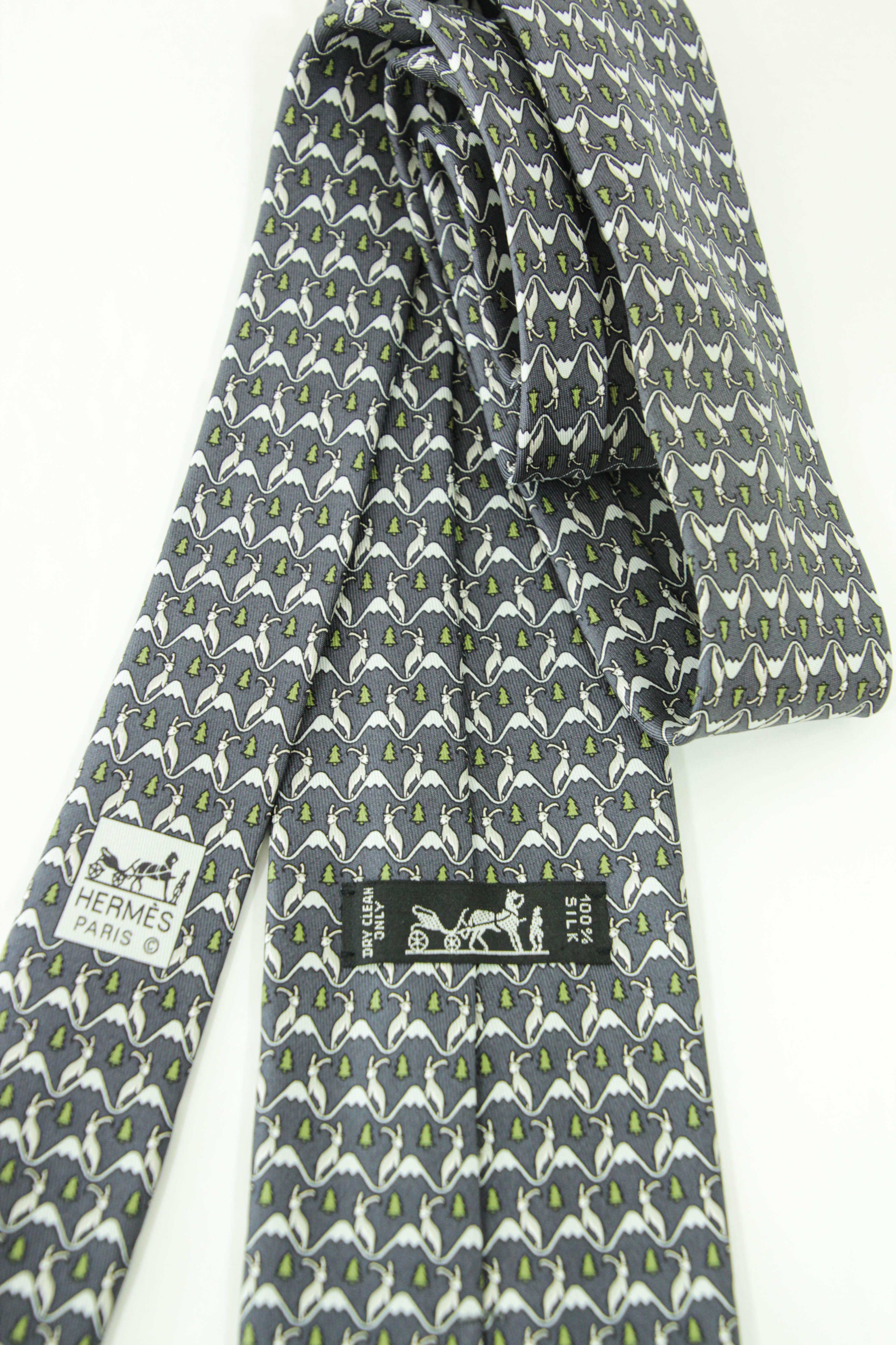 HERMES blue white green 100% silk goat mountain tree print formal tie For Sale 4