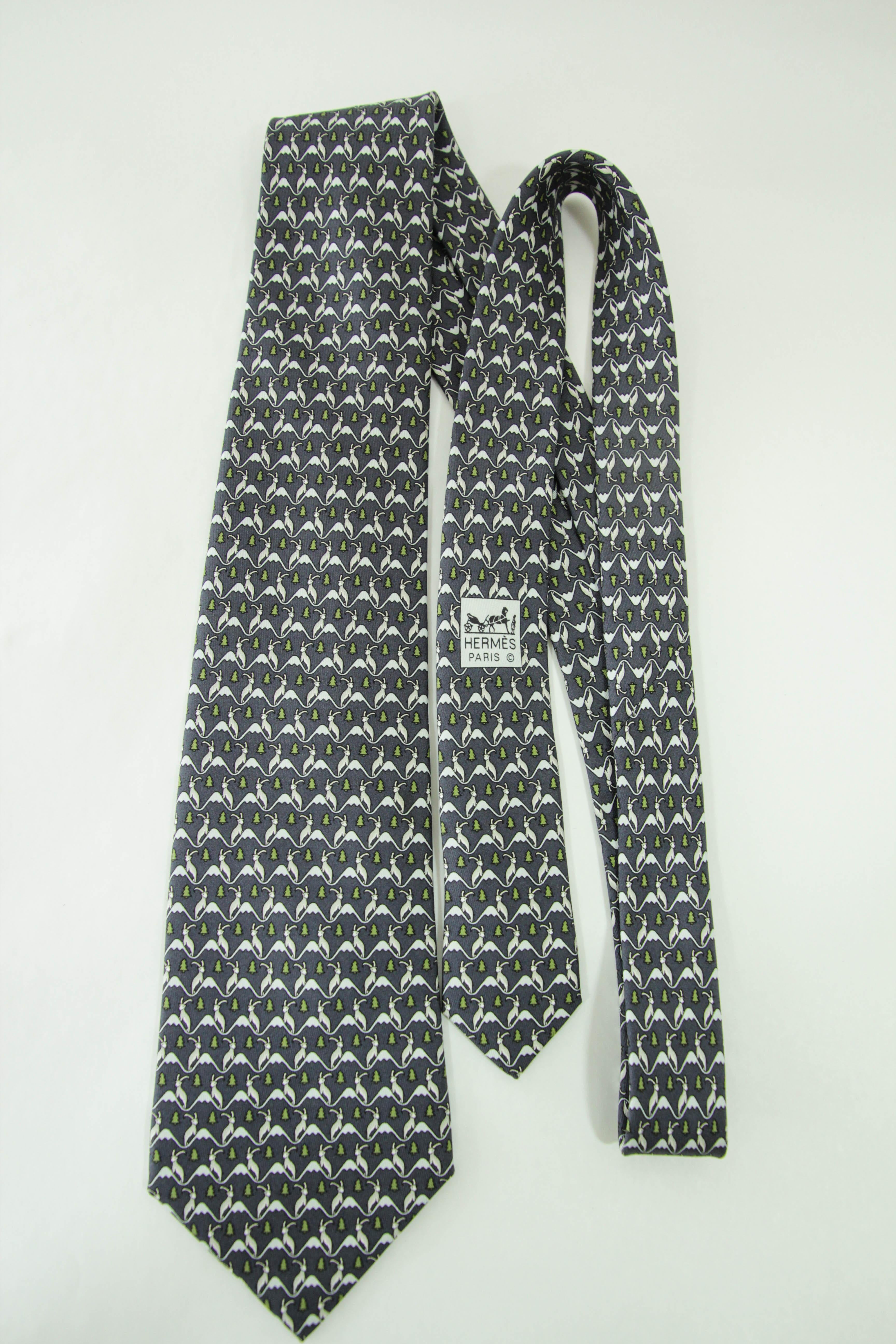 HERMES blue white green 100% silk goat mountain tree print formal tie For Sale 5