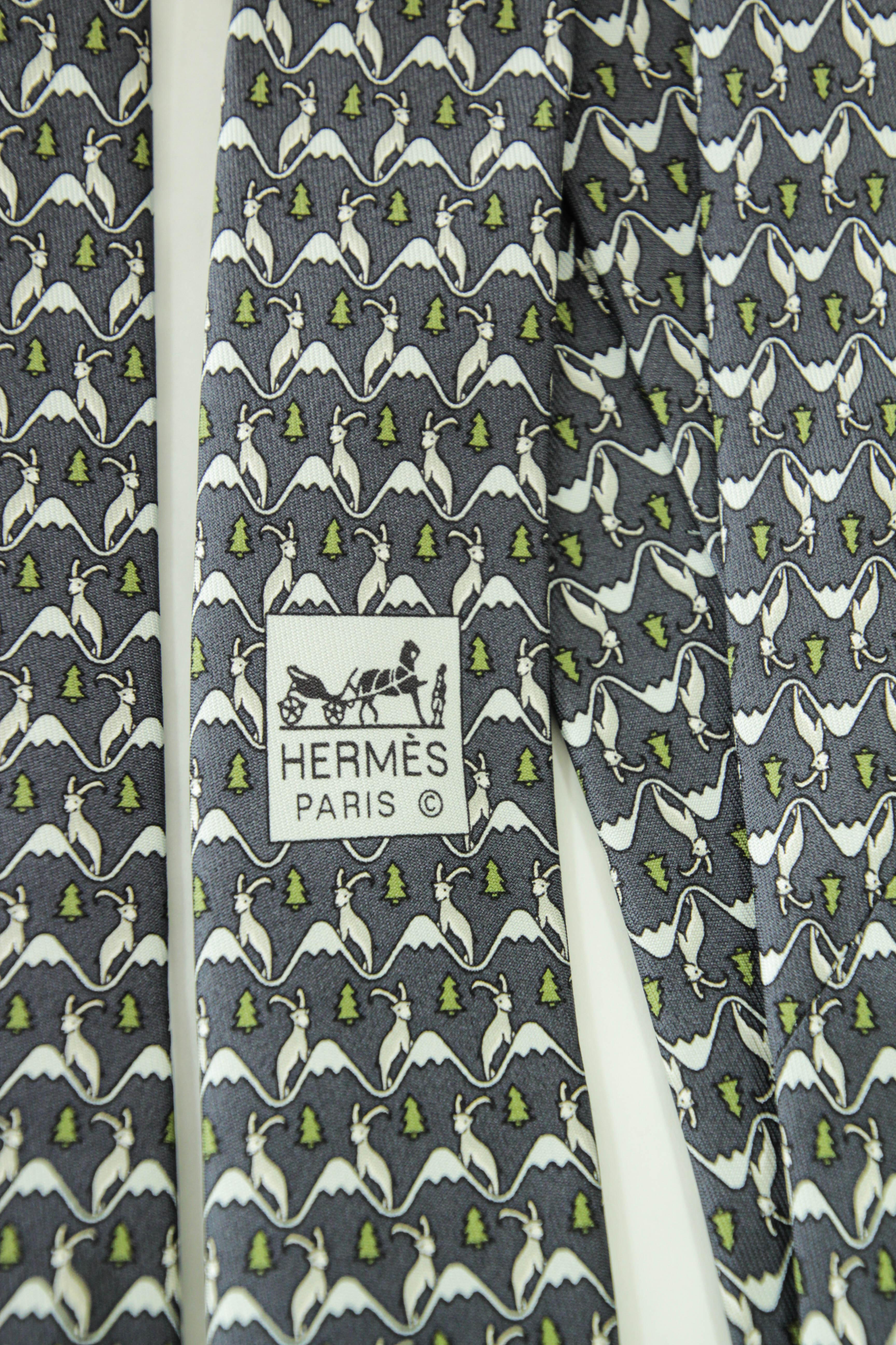 HERMES blue white green 100% silk goat mountain tree print formal tie For Sale 6