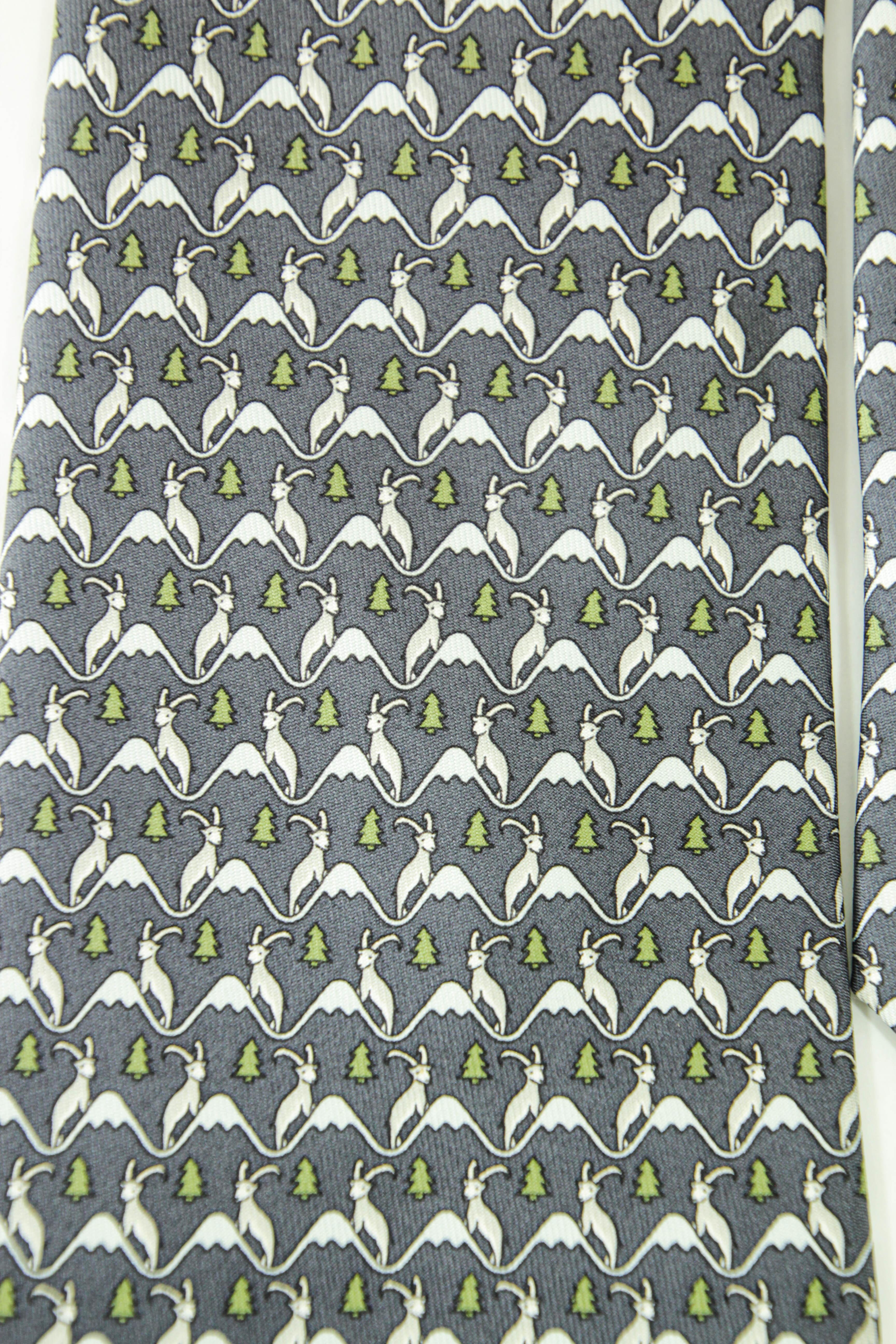 HERMES blue white green 100% silk goat mountain tree print formal tie For Sale 7