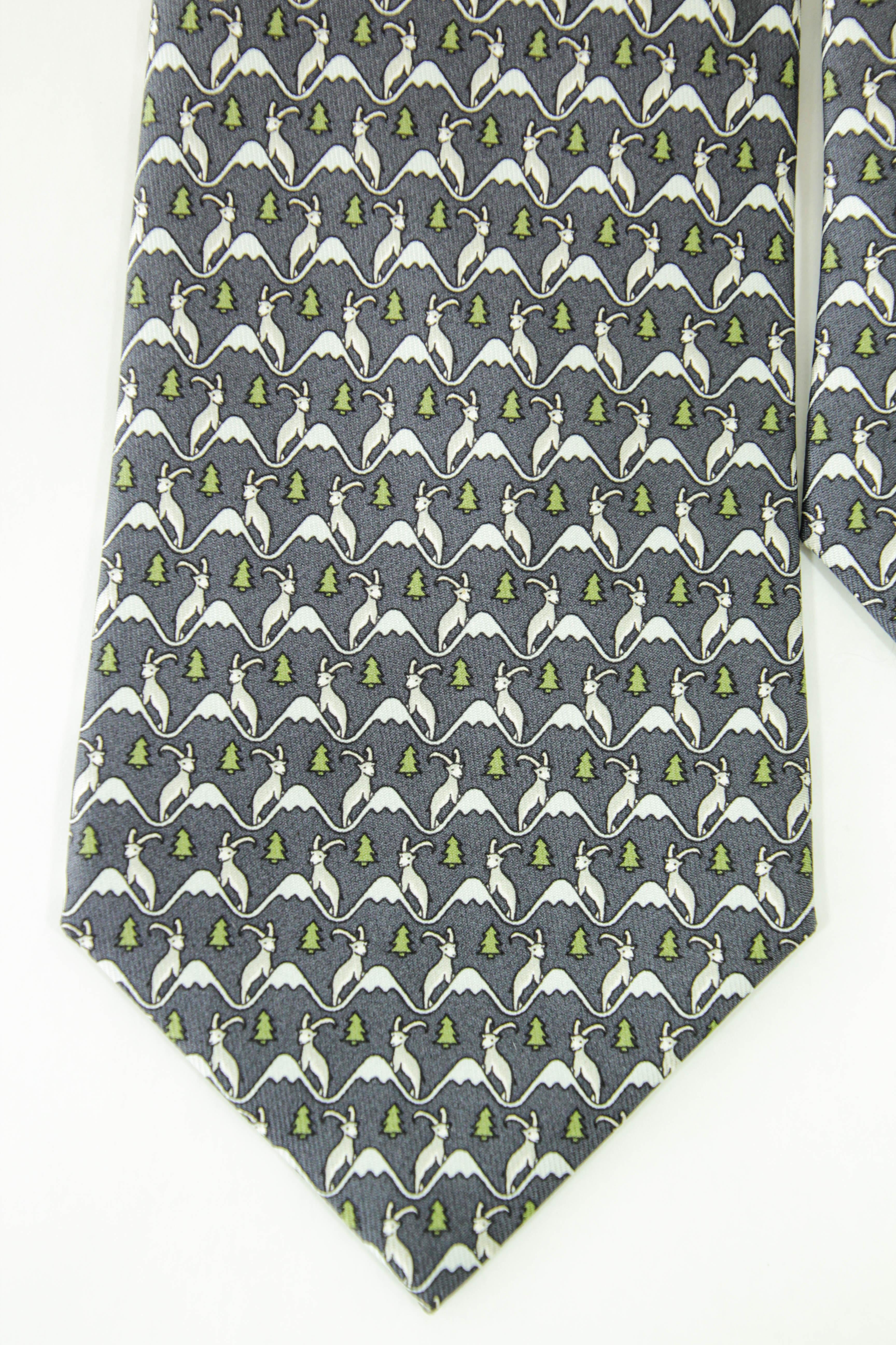 HERMES blue white green 100% silk goat mountain tree print formal tie For Sale 9