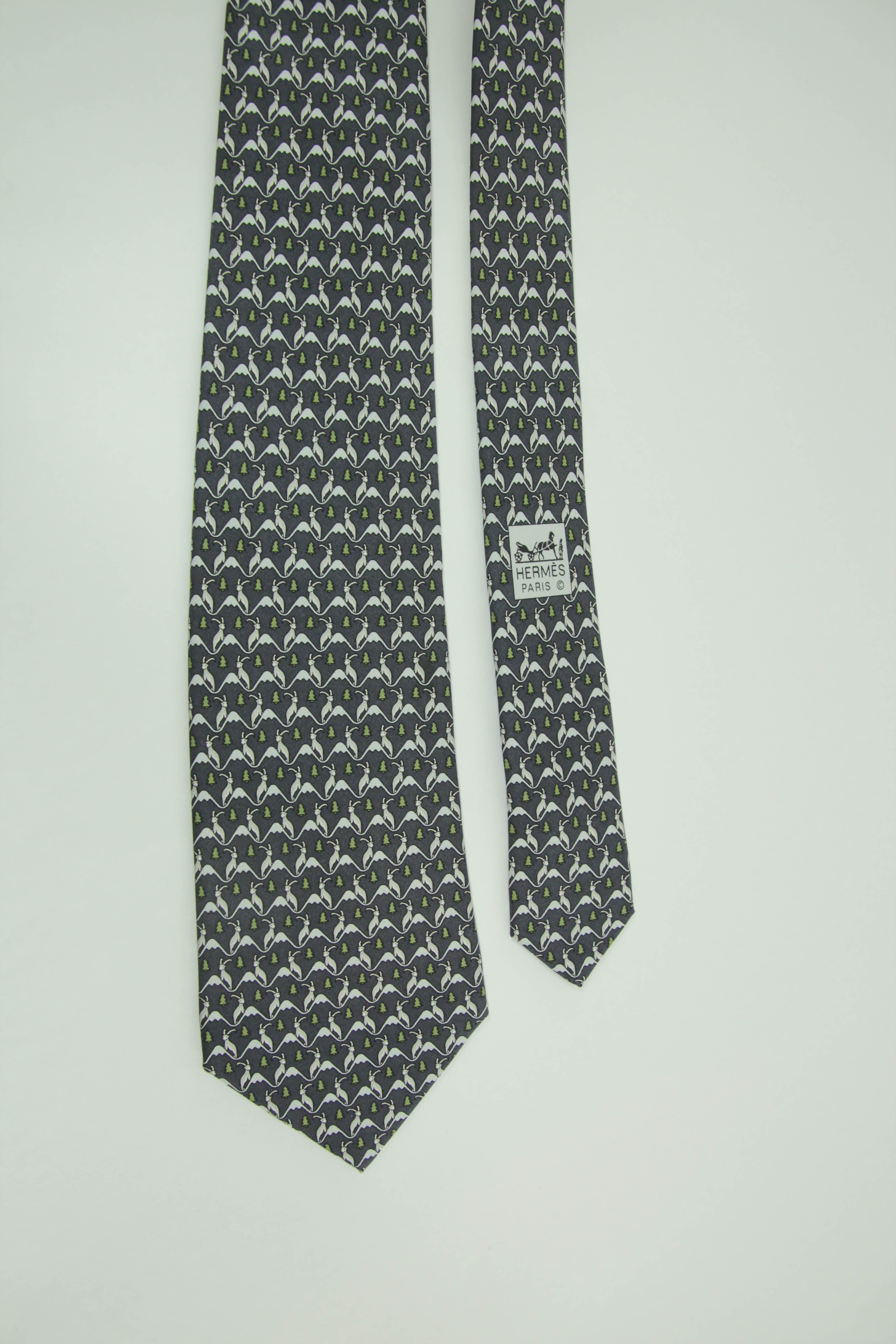 HERMES blue white green 100% silk goat mountain tree print formal tie For Sale 10