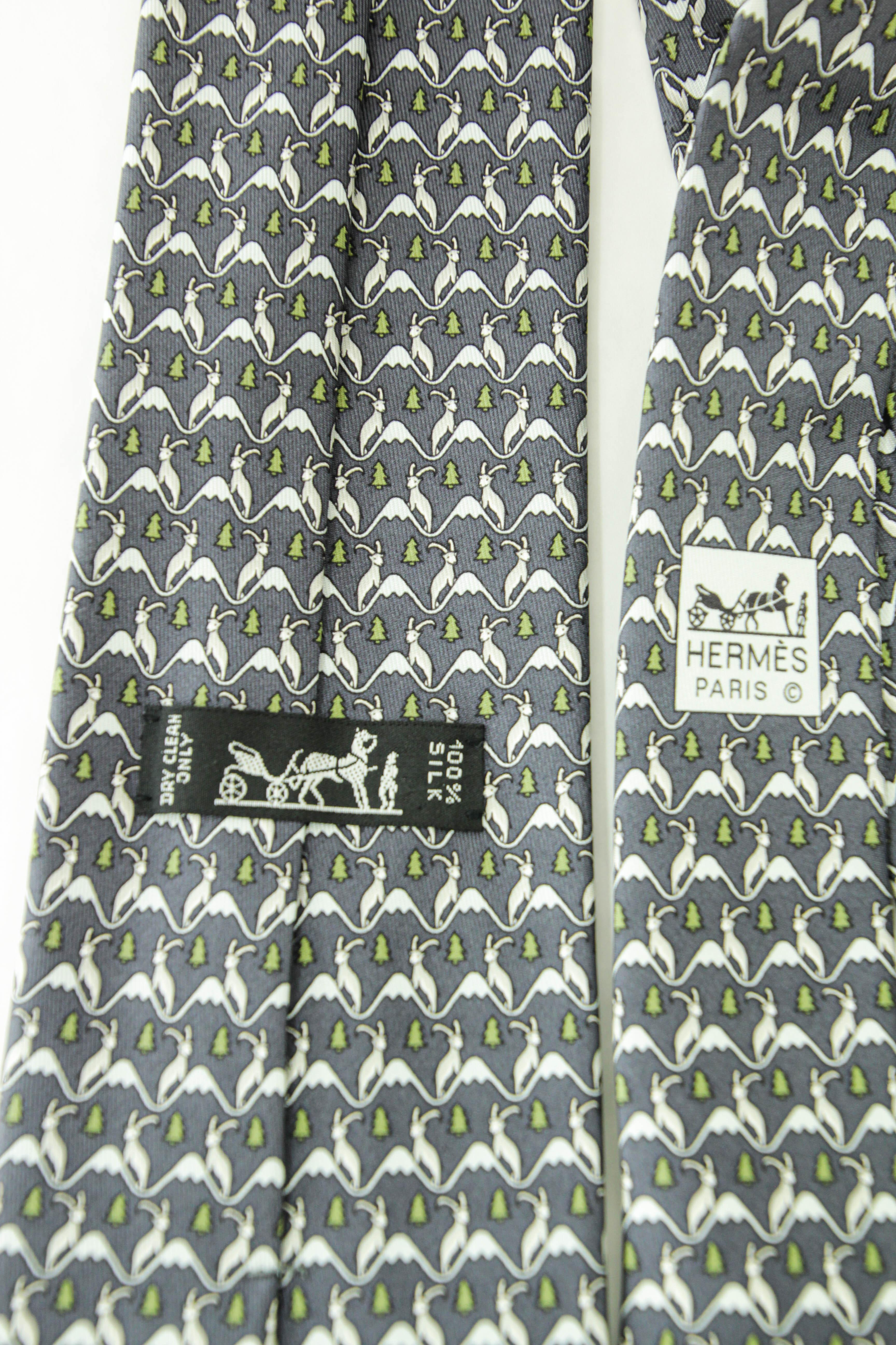 HERMES blue white green 100% silk goat mountain tree print formal tie For Sale 11