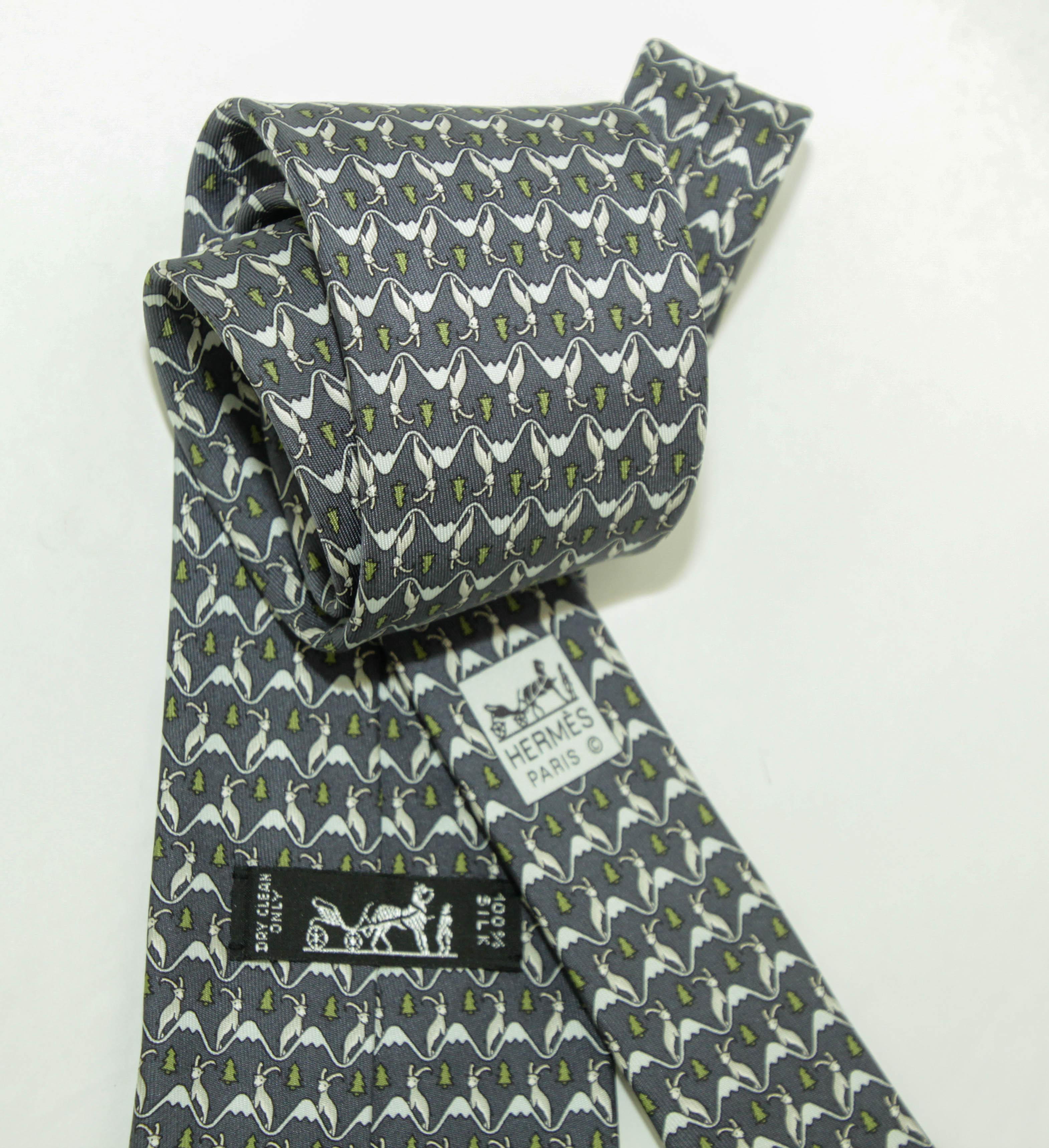 HERMES blue white green 100% silk goat mountain tree print formal tie For Sale 12