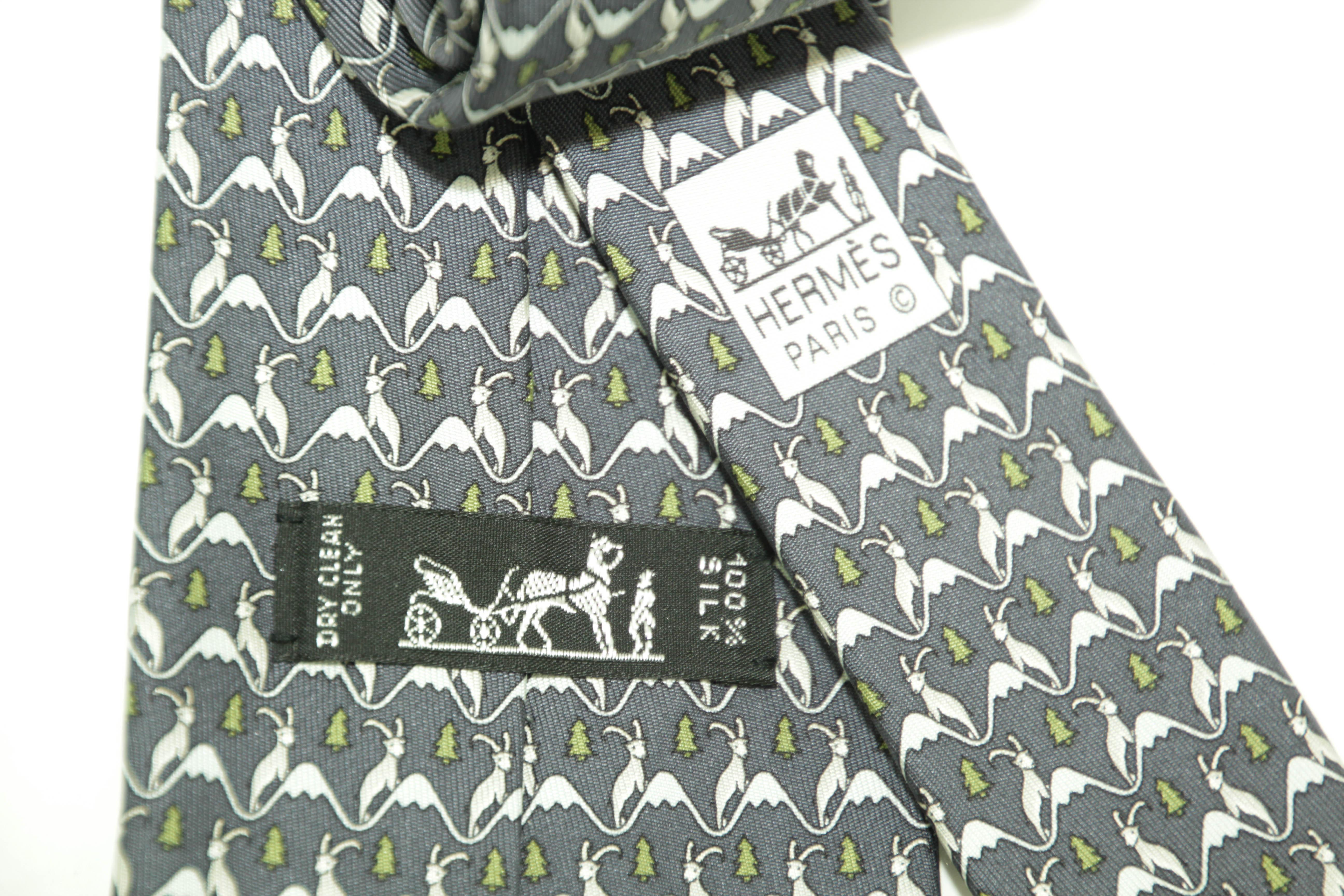 HERMES blue white green 100% silk goat mountain tree print formal tie For Sale 13