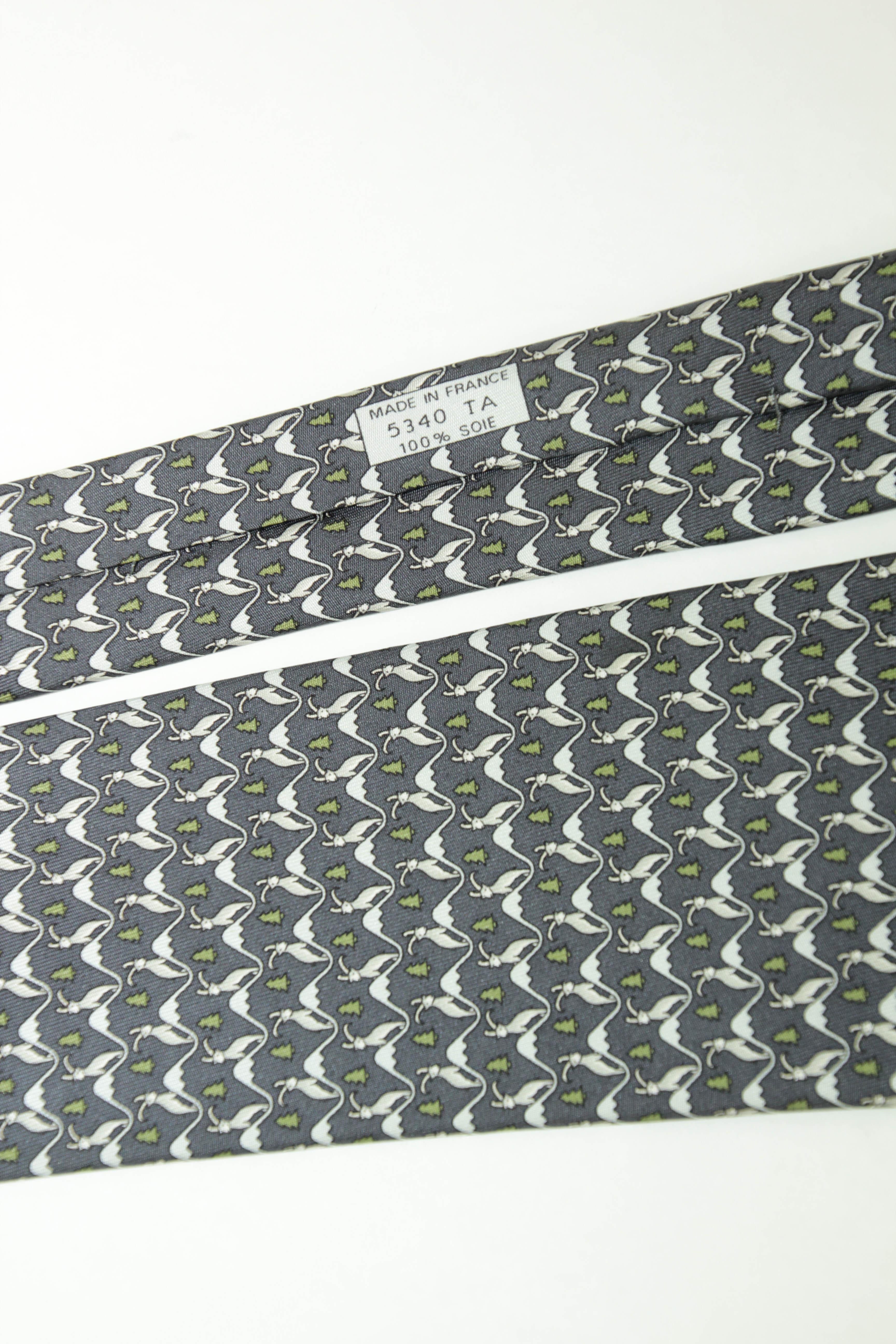 HERMES blue white green 100% silk goat mountain tree print formal tie For Sale 14