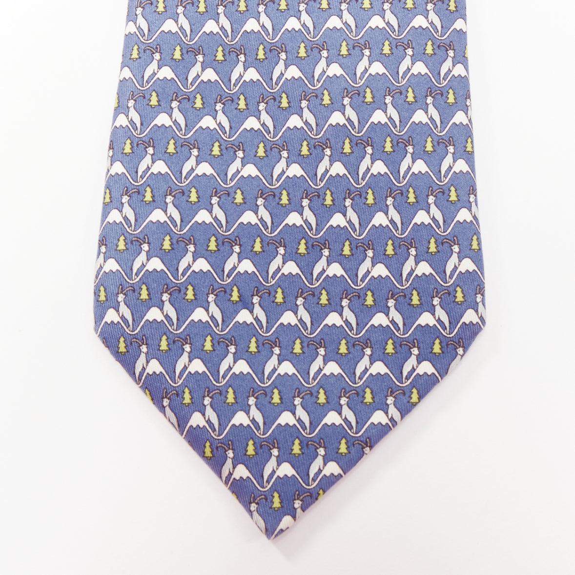 Purple HERMES blue white green 100% silk goat mountain tree print formal tie